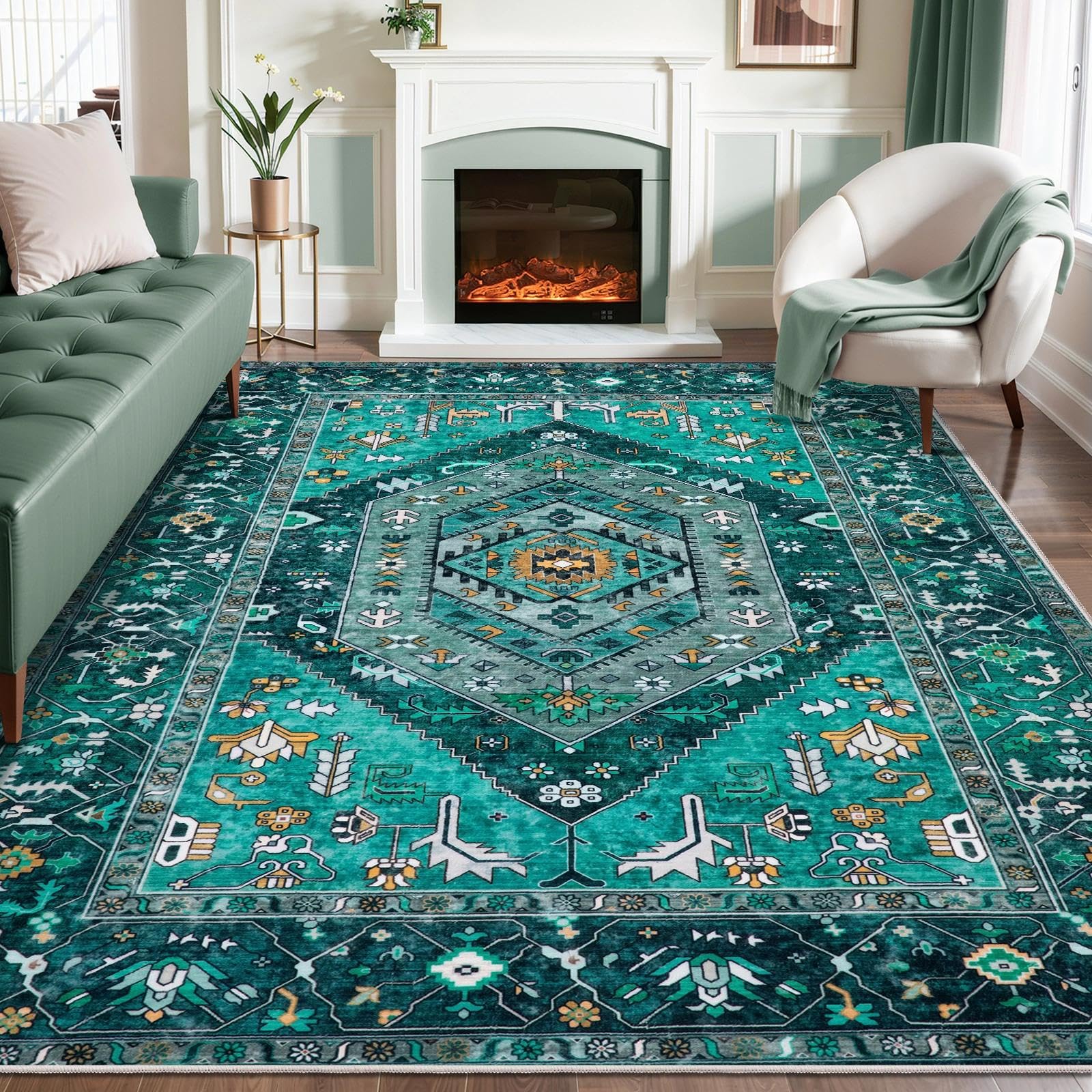 SERISSA Washable Rugs 8x10 Area Rugs, Large Non-Slip Boho Living Room Rust Rug, Ultra Soft Vintage Print Distressed Oriental Tribal Farmhouse Carpet for Dining Room Bedroom Dorm Office Home Decor