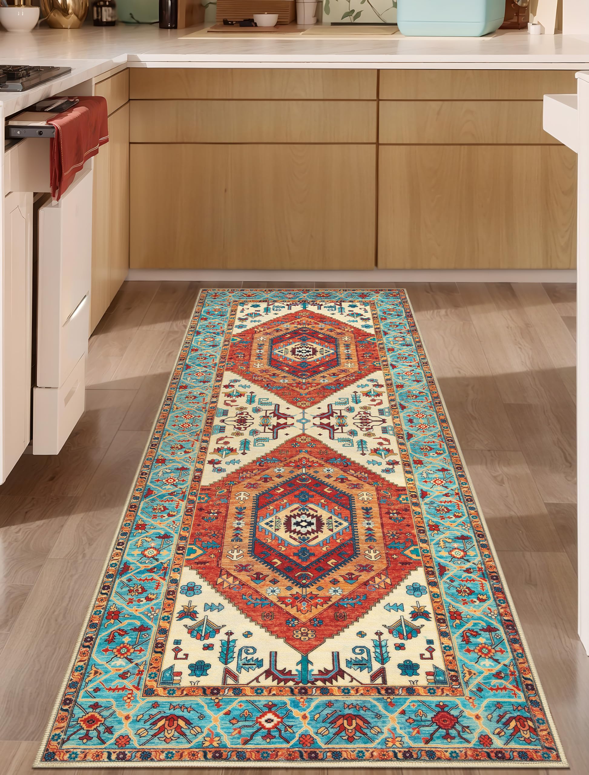 SERISSA Washable Rugs 8x10 Area Rugs, Large Non-Slip Boho Living Room Rust Rug, Ultra Soft Vintage Print Distressed Oriental Tribal Farmhouse Carpet for Dining Room Bedroom Dorm Office Home Decor