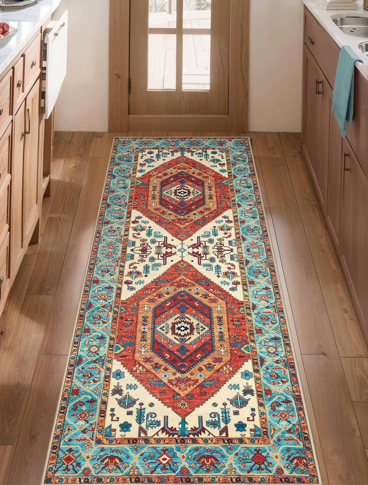 SERISSA Washable Rugs 8x10 Area Rugs, Large Non-Slip Boho Living Room Rust Rug, Ultra Soft Vintage Print Distressed Oriental Tribal Farmhouse Carpet for Dining Room Bedroom Dorm Office Home Decor