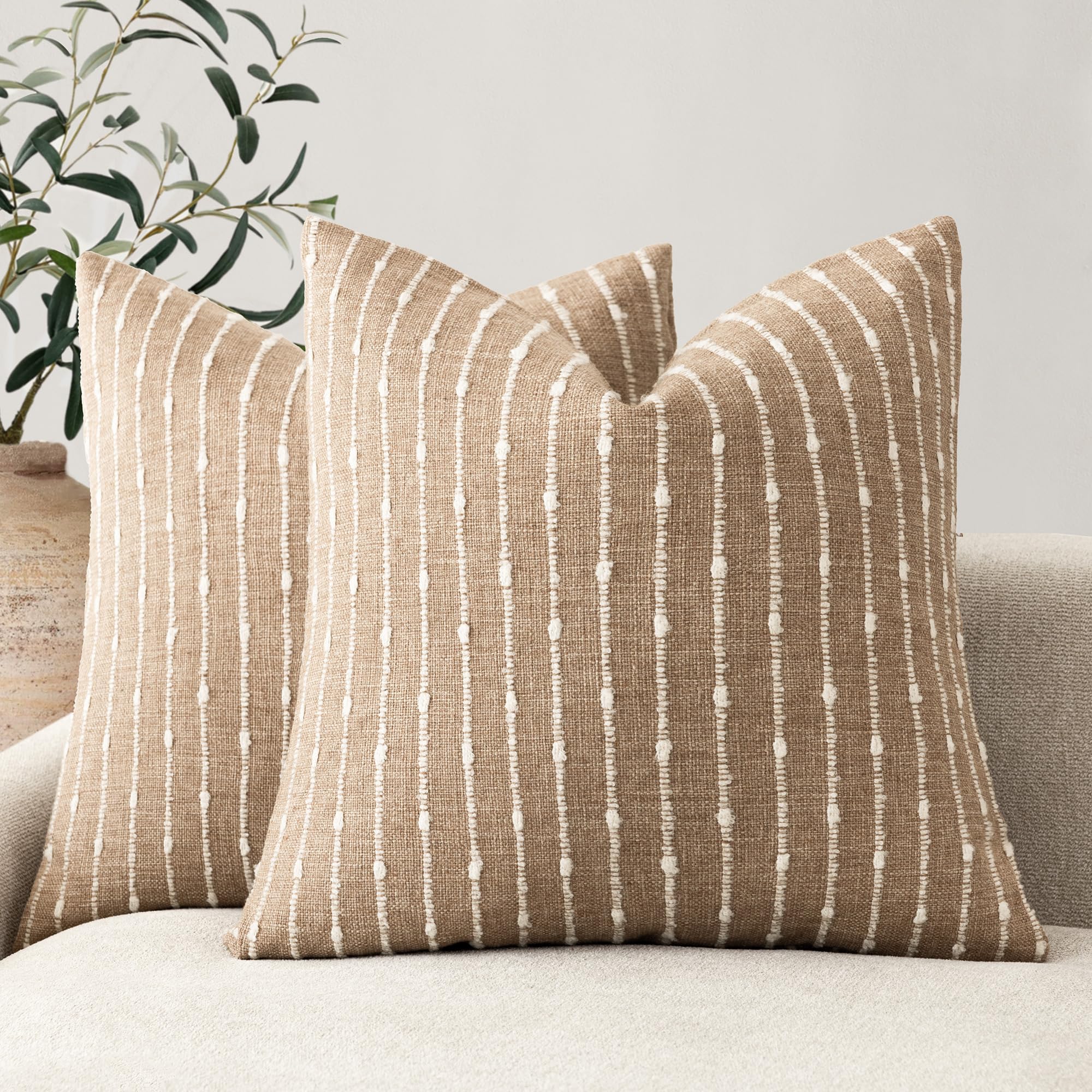 Foindtower Pack of 2 Decorative Jacquard Boucle Throw Pillow Covers Accent Textured Striped Pillowcases Soft Boho Modern Cushion for Couch Sofa Bedroom Living Room Home Decor 20x20 Inch Natural Beige