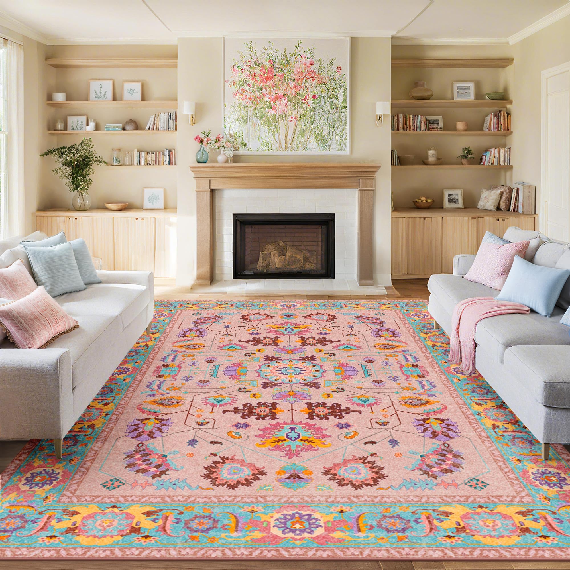 8x10 Area Rugs Living Room Washable Non Slip Low Pile Oushak Vintage Stain Resistant Soft Large Oriental Rugs for Bedroom, Dining Room, Kitchen, Indoor Leisure Rooms, Nova Burgundy Fuchsia Orange Soda