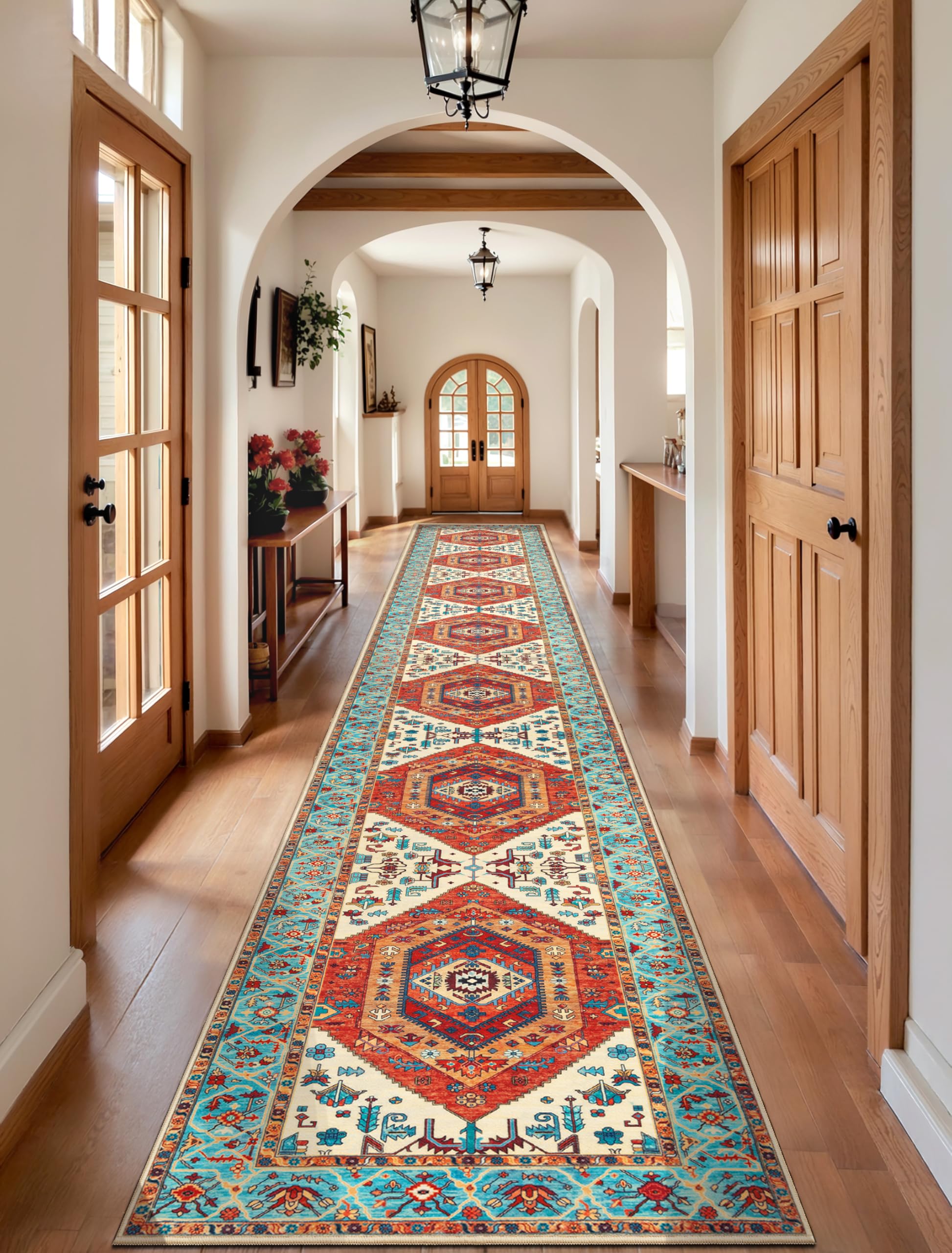 SERISSA Washable Rugs 8x10 Area Rugs, Large Non-Slip Boho Living Room Rust Rug, Ultra Soft Vintage Print Distressed Oriental Tribal Farmhouse Carpet for Dining Room Bedroom Dorm Office Home Decor