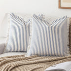 YEENAASY Throw Pillow Covers 18x18 Set of 2 Striped Fringe Pillow Cover Farmhouse Cushion Covers with Tassel Neutral Boho Pillows Decorative Square Pillowcase for Couch Sofa Bed, Khaki