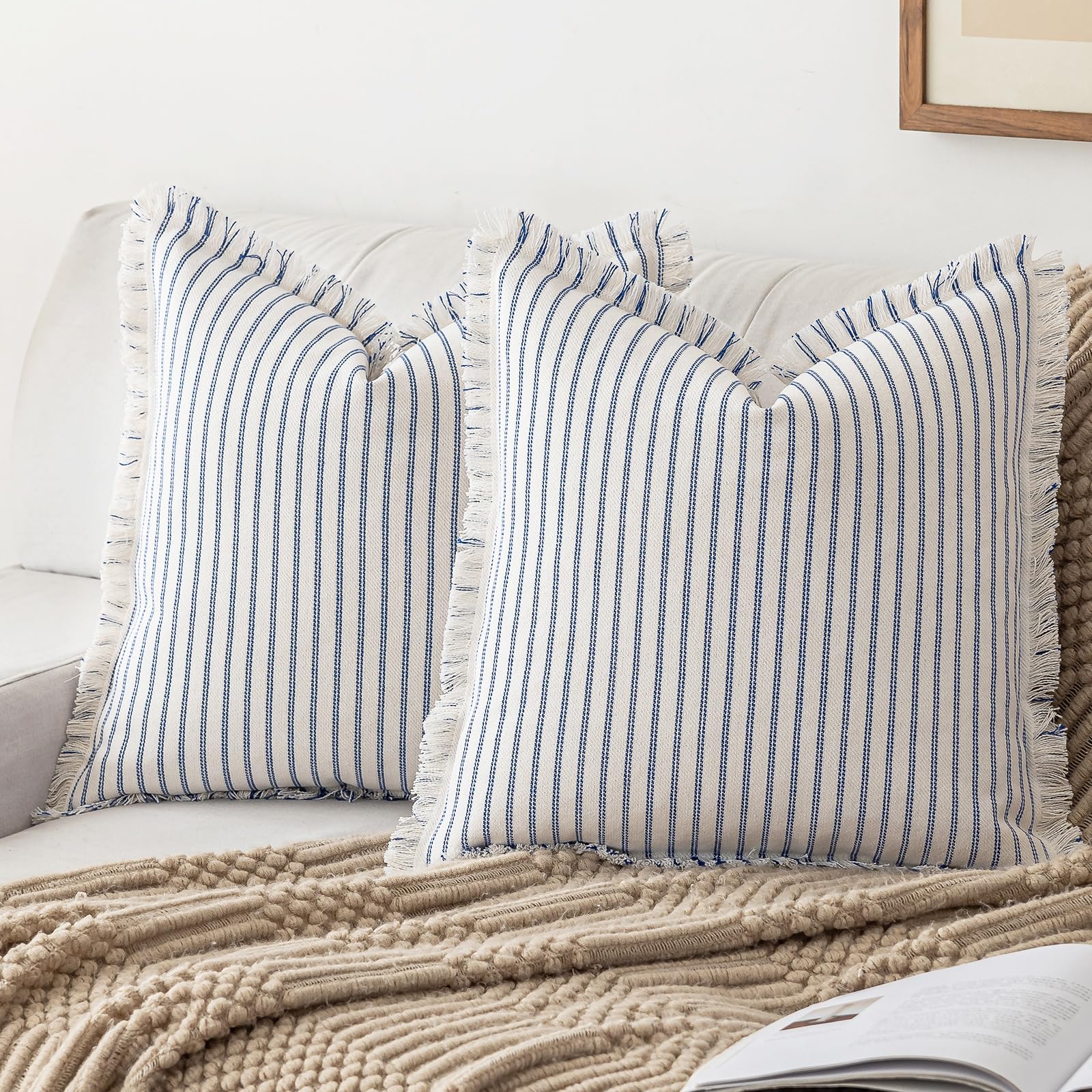 YEENAASY Throw Pillow Covers 18x18 Set of 2 Striped Fringe Pillow Cover Farmhouse Cushion Covers with Tassel Neutral Boho Pillows Decorative Square Pillowcase for Couch Sofa Bed, Khaki