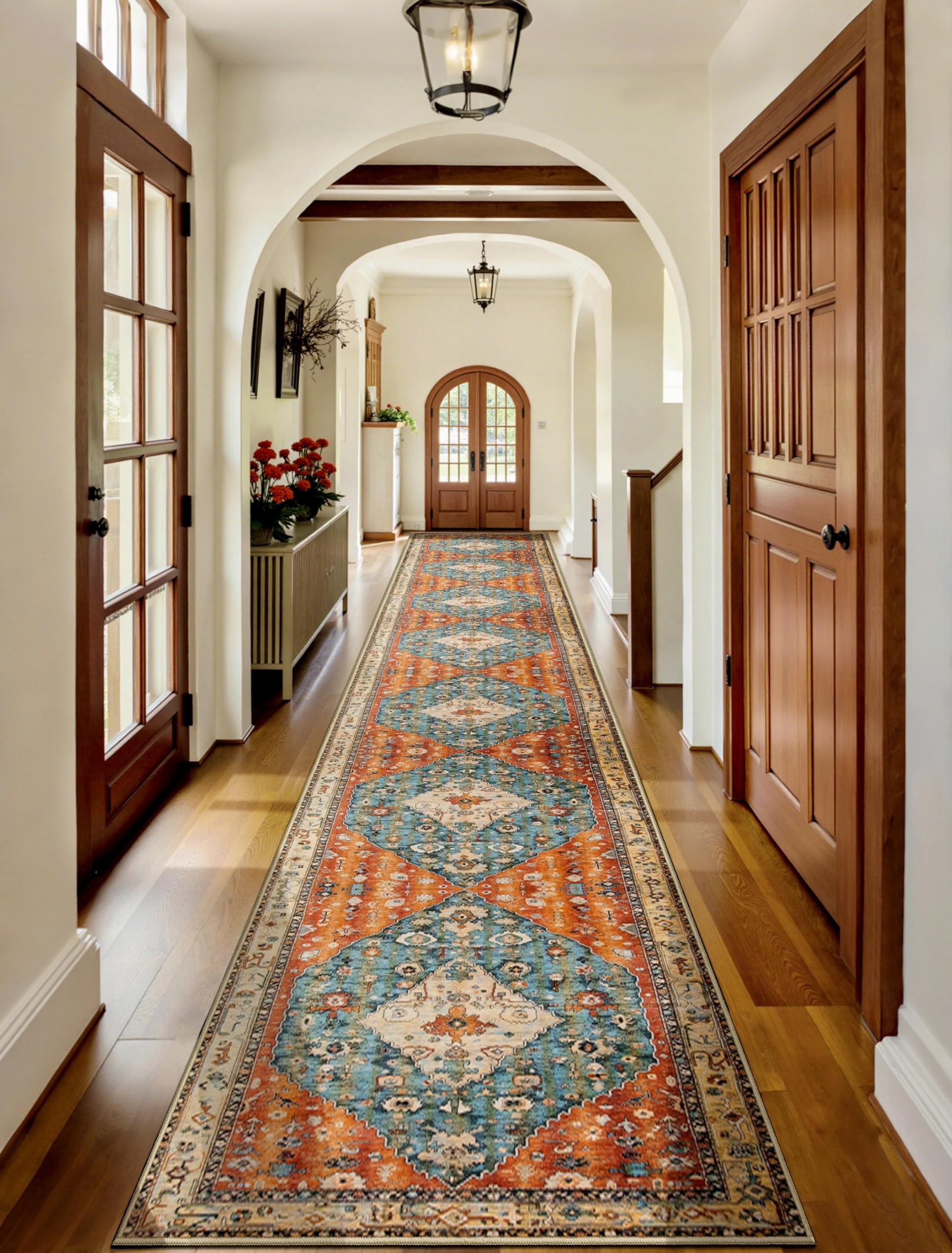 SERISSA Washable Rugs 8x10 Area Rugs, Large Non-Slip Boho Living Room Rust Rug, Ultra Soft Vintage Print Distressed Oriental Tribal Farmhouse Carpet for Dining Room Bedroom Dorm Office Home Decor