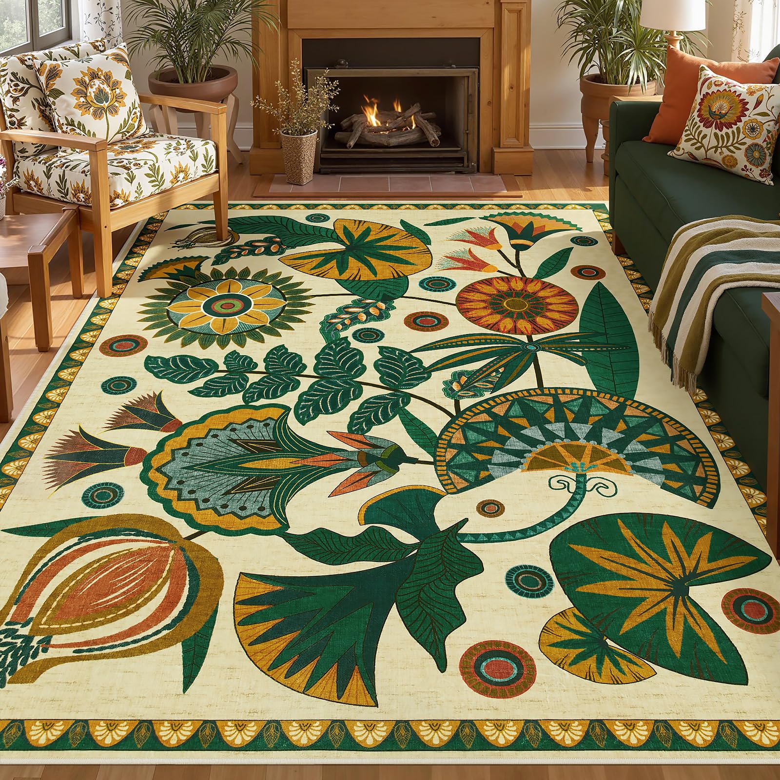 Joydeco Egypt Floral Boho 8x10 Area Rugs for Bedroom Aesthetic, Washable Vintage Living Dining Room Rug Non Slip, Beige Large Indoor Throw Carpet for Playroom Nursery Dorm Classroom