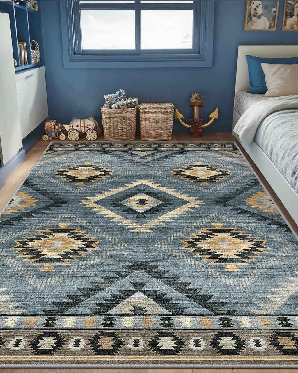 BESTSWEETIE Area Rug 5x7 Rug Machine Washable Non-Slip Low Pile Print Pattern Western Rug for Living Room Bedroom Entryway Tribal Series -Black