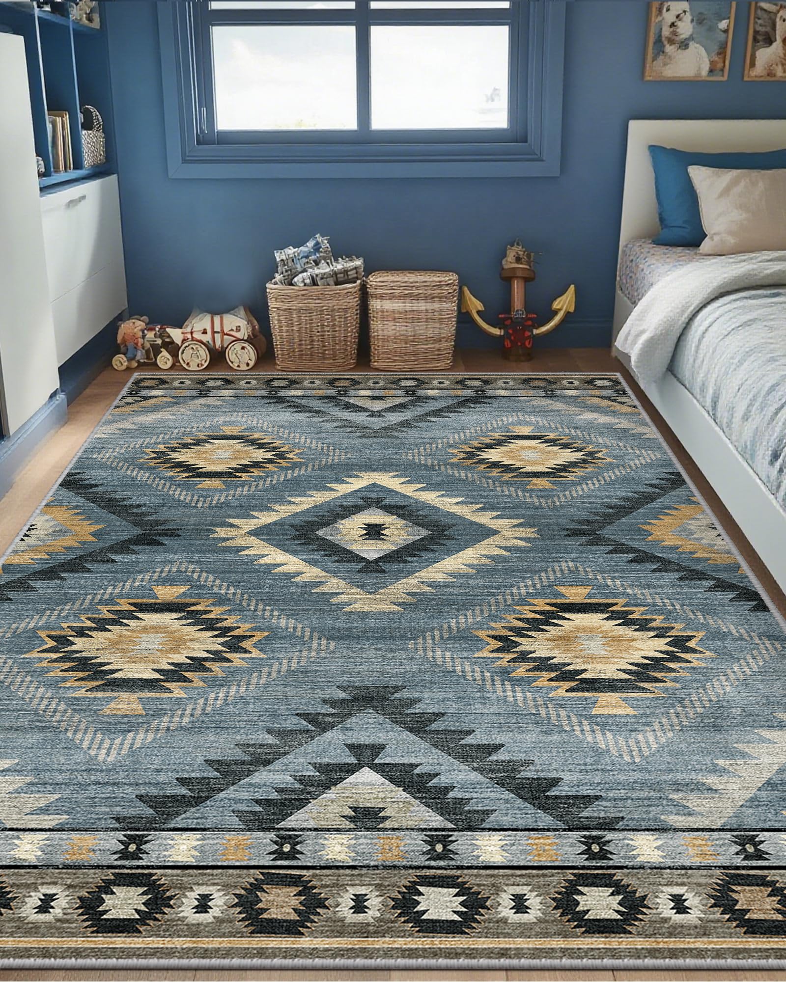 BESTSWEETIE Area Rug 5x7 Rug Machine Washable Non-Slip Low Pile Print Pattern Western Rug for Living Room Bedroom Entryway Tribal Series -Black