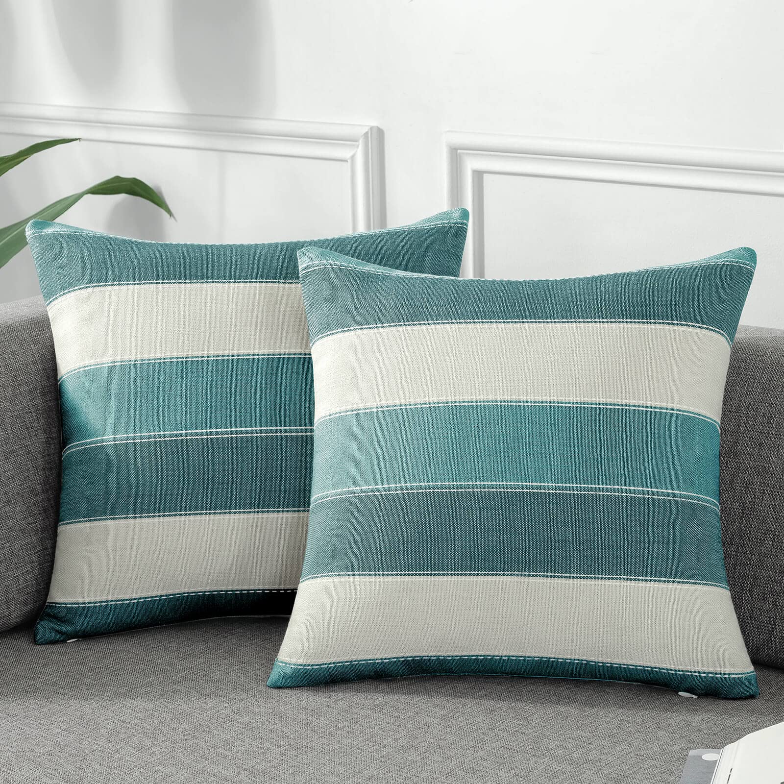 AmHoo Pack of 2 Farmhouse Stripe Check Throw Pillow Covers Set Case Cotton Linen Decorative Pillowcases Cushion Cover for Couch Bench Sofa 18x18 Inch Sage Green