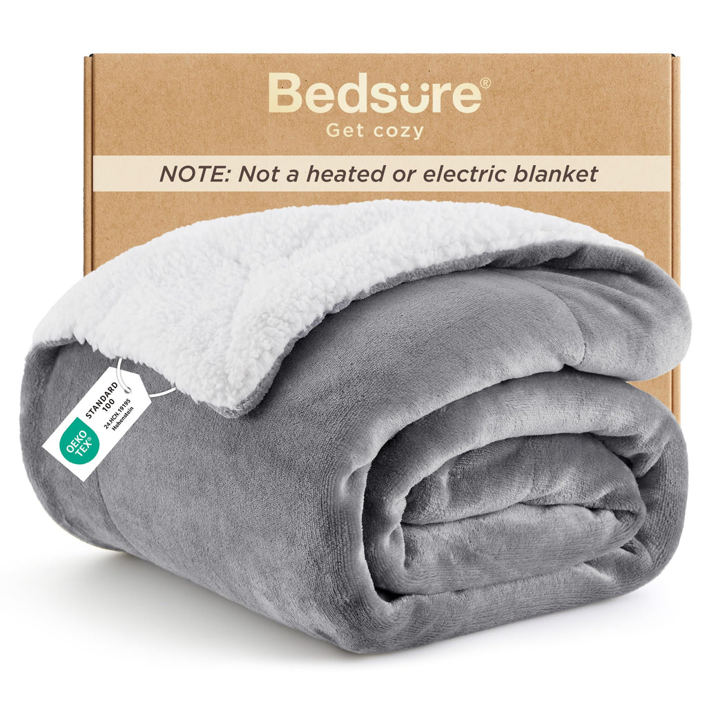 Bedsure GentleSoft Sherpa Fleece Queen Blankets for Bed, Non-Heated, Thick and Warm Throw for Women and Men, Soft Fuzzy Plush Queen Blanket for Winter, Grey, 90x90 Inches