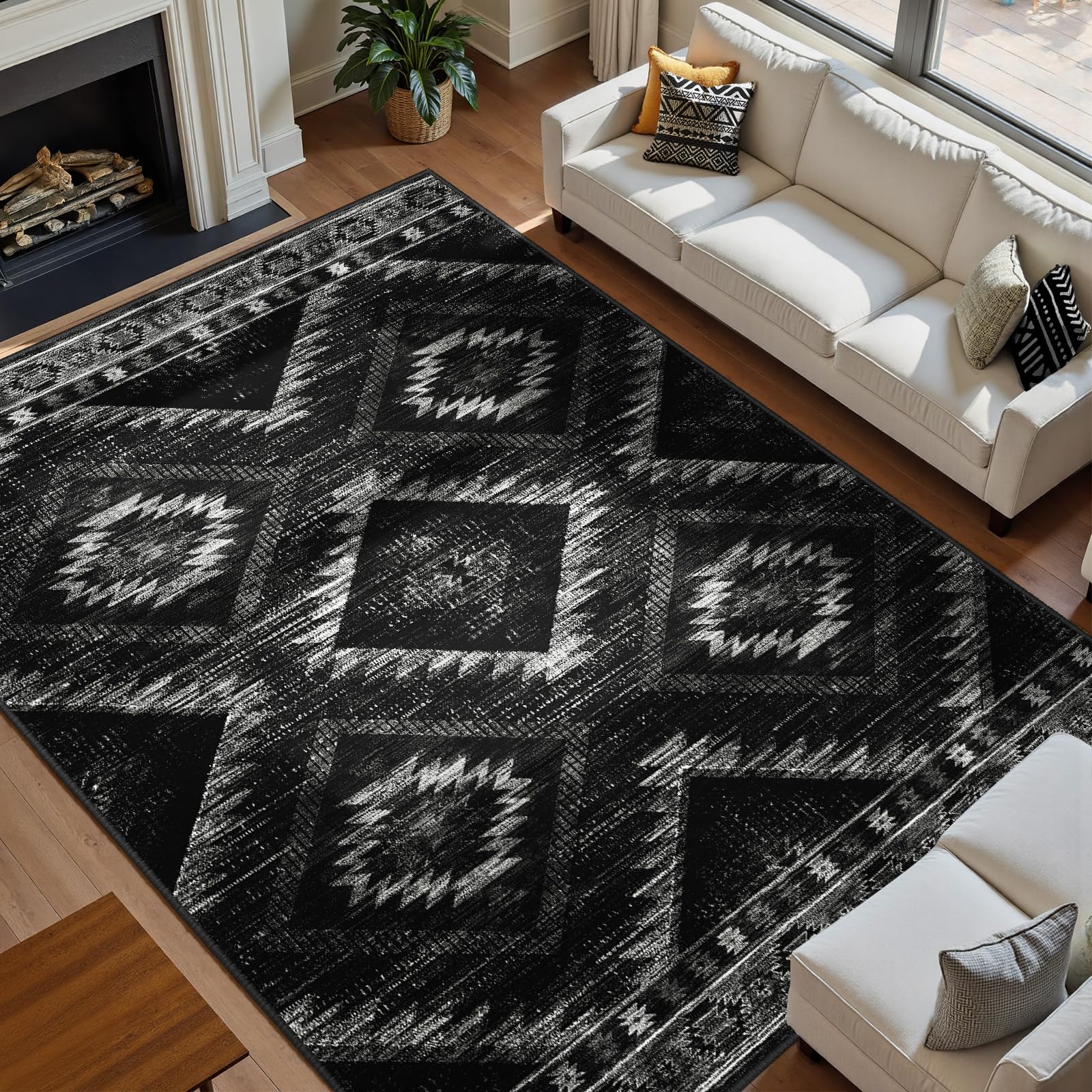BESTSWEETIE Area Rug 5x7 Rug Machine Washable Non-Slip Low Pile Print Pattern Western Rug for Living Room Bedroom Entryway Tribal Series -Black