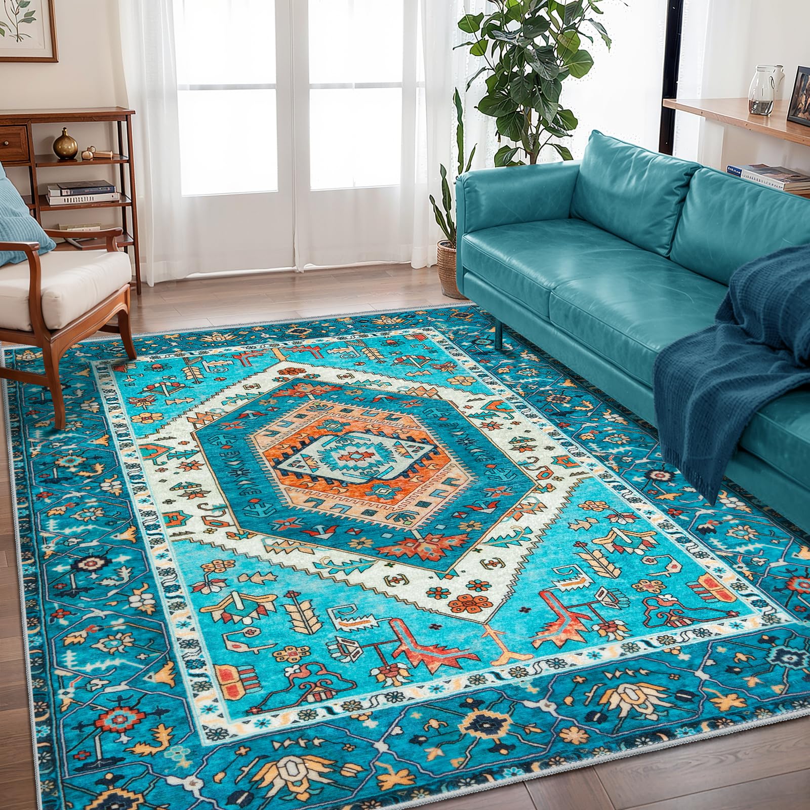 SERISSA Washable Rugs 8x10 Area Rugs, Large Non-Slip Boho Living Room Rust Rug, Ultra Soft Vintage Print Distressed Oriental Tribal Farmhouse Carpet for Dining Room Bedroom Dorm Office Home Decor