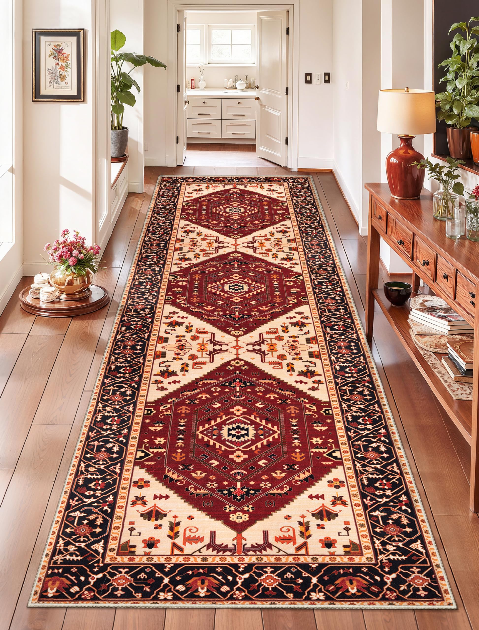 SERISSA Washable Rugs 8x10 Area Rugs, Large Non-Slip Boho Living Room Rust Rug, Ultra Soft Vintage Print Distressed Oriental Tribal Farmhouse Carpet for Dining Room Bedroom Dorm Office Home Decor