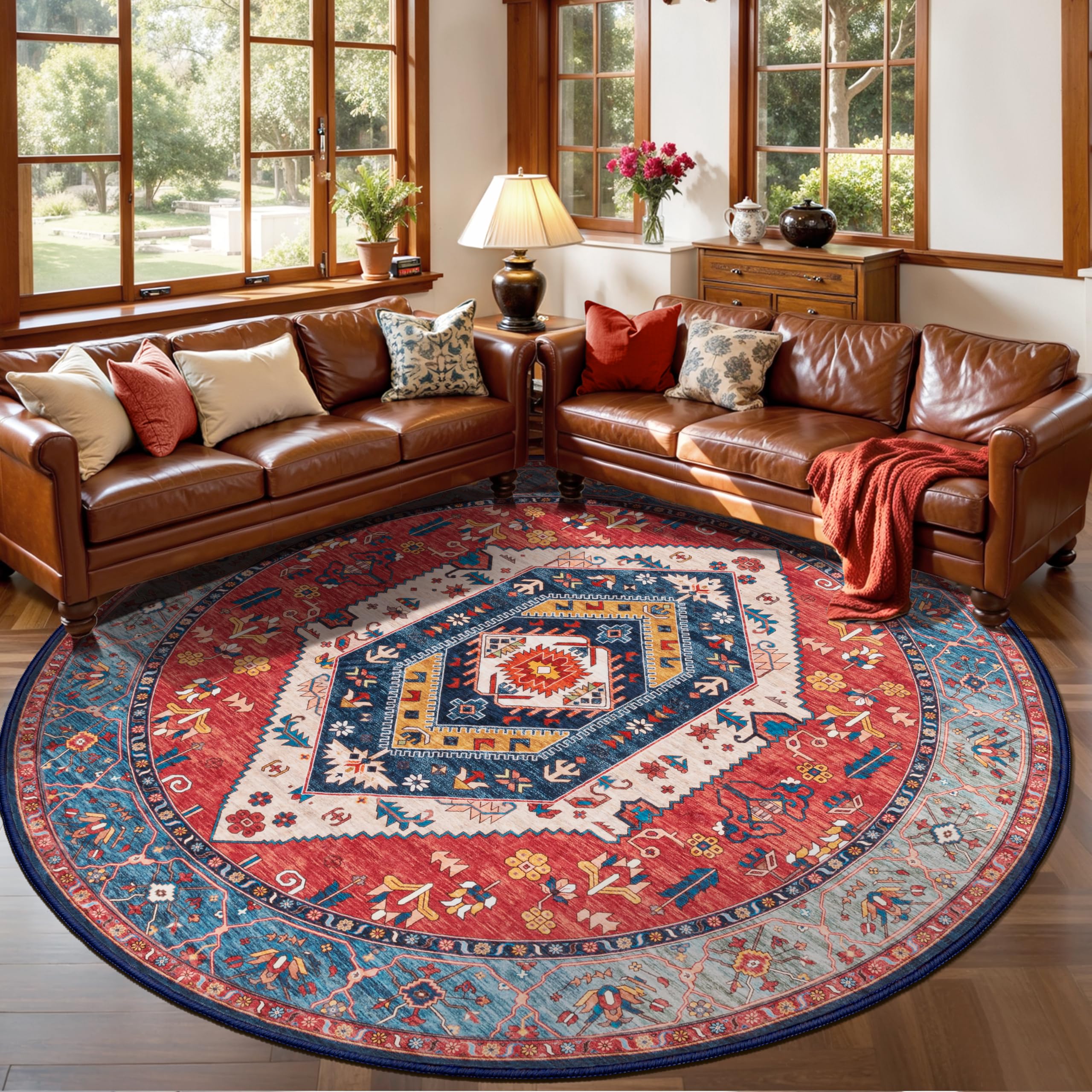 SERISSA Washable Rugs 8x10 Area Rugs, Large Non-Slip Boho Living Room Rust Rug, Ultra Soft Vintage Print Distressed Oriental Tribal Farmhouse Carpet for Dining Room Bedroom Dorm Office Home Decor