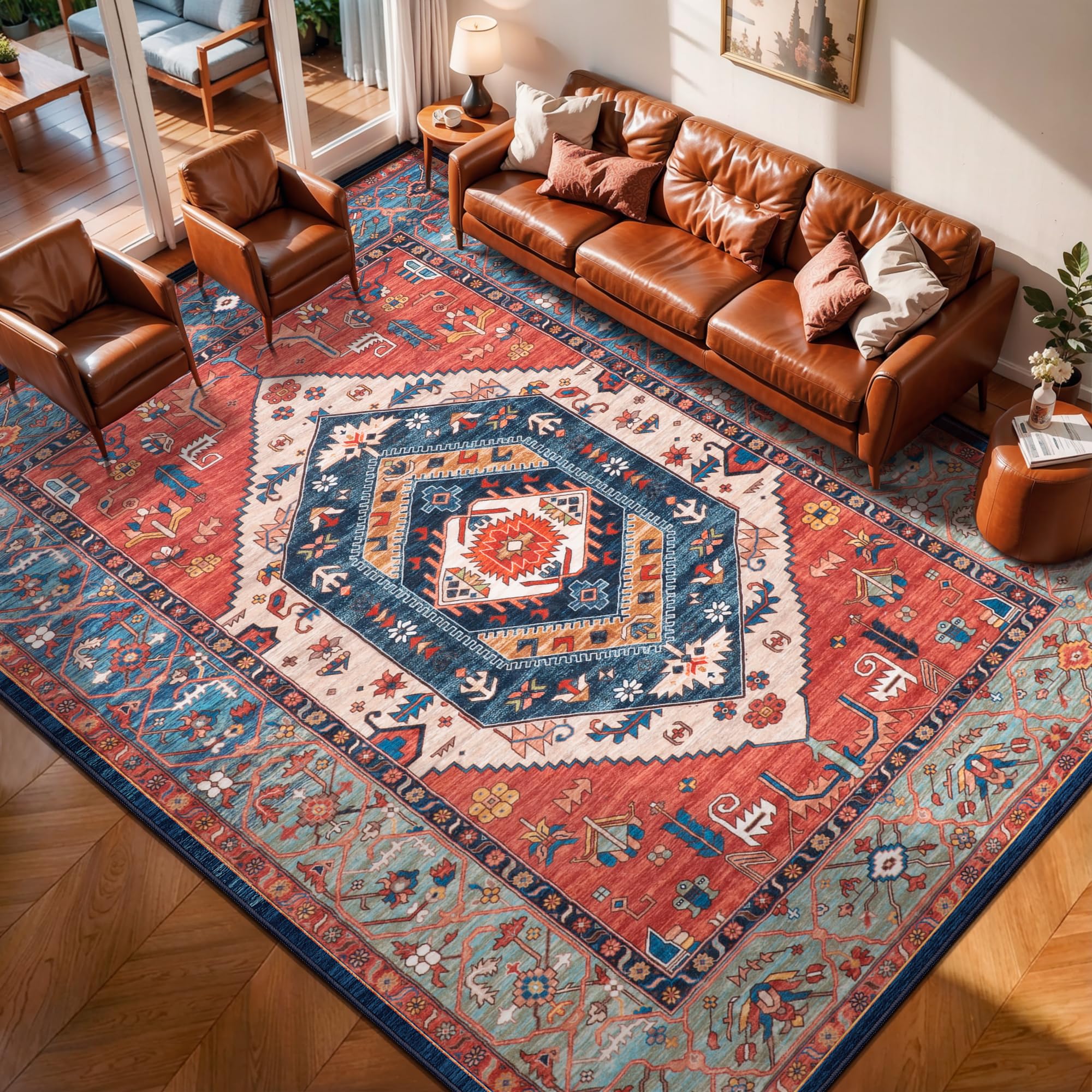 SERISSA Washable Rugs 8x10 Area Rugs, Large Non-Slip Boho Living Room Rust Rug, Ultra Soft Vintage Print Distressed Oriental Tribal Farmhouse Carpet for Dining Room Bedroom Dorm Office Home Decor