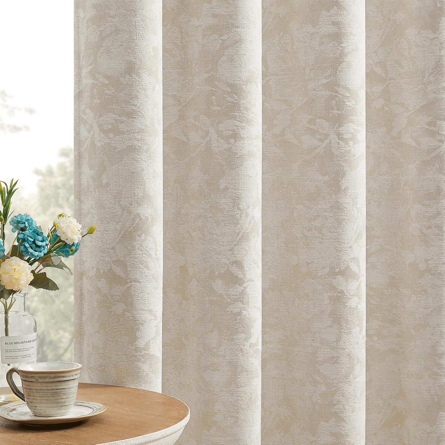 Beauoop Beige Floral Jacquard Blackout Curtains 90 Inches Long 2 Panels for Bedroom Living Room Chenille Flower Room Darkening Thermal Insulated Soundproof Rod Pocket Back Tab Window Drapes 52x90