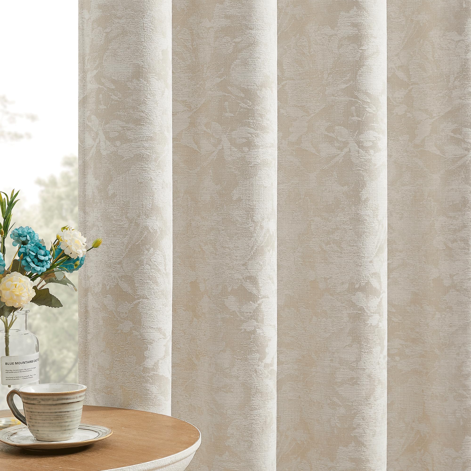 Beauoop Beige Floral Jacquard Blackout Curtains 90 Inches Long 2 Panels for Bedroom Living Room Chenille Flower Room Darkening Thermal Insulated Soundproof Rod Pocket Back Tab Window Drapes 52x90