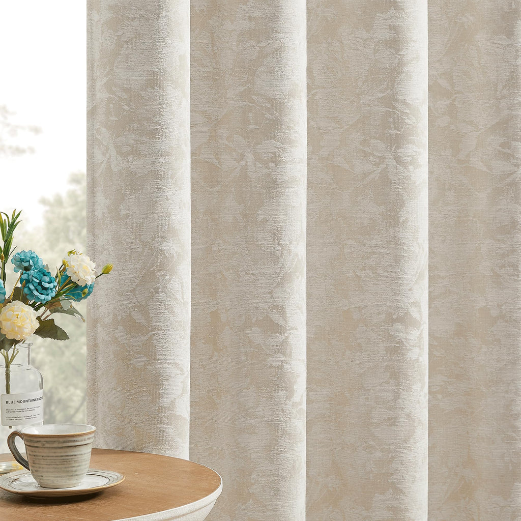 Beauoop Beige Floral Jacquard Blackout Curtains 84 Inches Long 2 Panels for Bedroom Living Room Chenille Flower Room Darkening Thermal Insulated Soundproof Rod Pocket Back Tab Window Drapes, 52x84