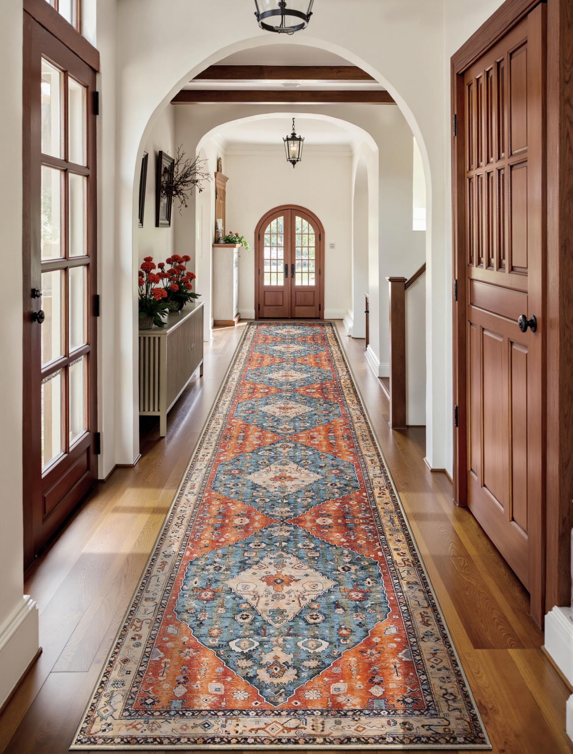 SERISSA Washable Rugs 8x10 Area Rugs, Large Non-Slip Boho Living Room Rust Rug, Ultra Soft Vintage Print Distressed Oriental Tribal Farmhouse Carpet for Dining Room Bedroom Dorm Office Home Decor