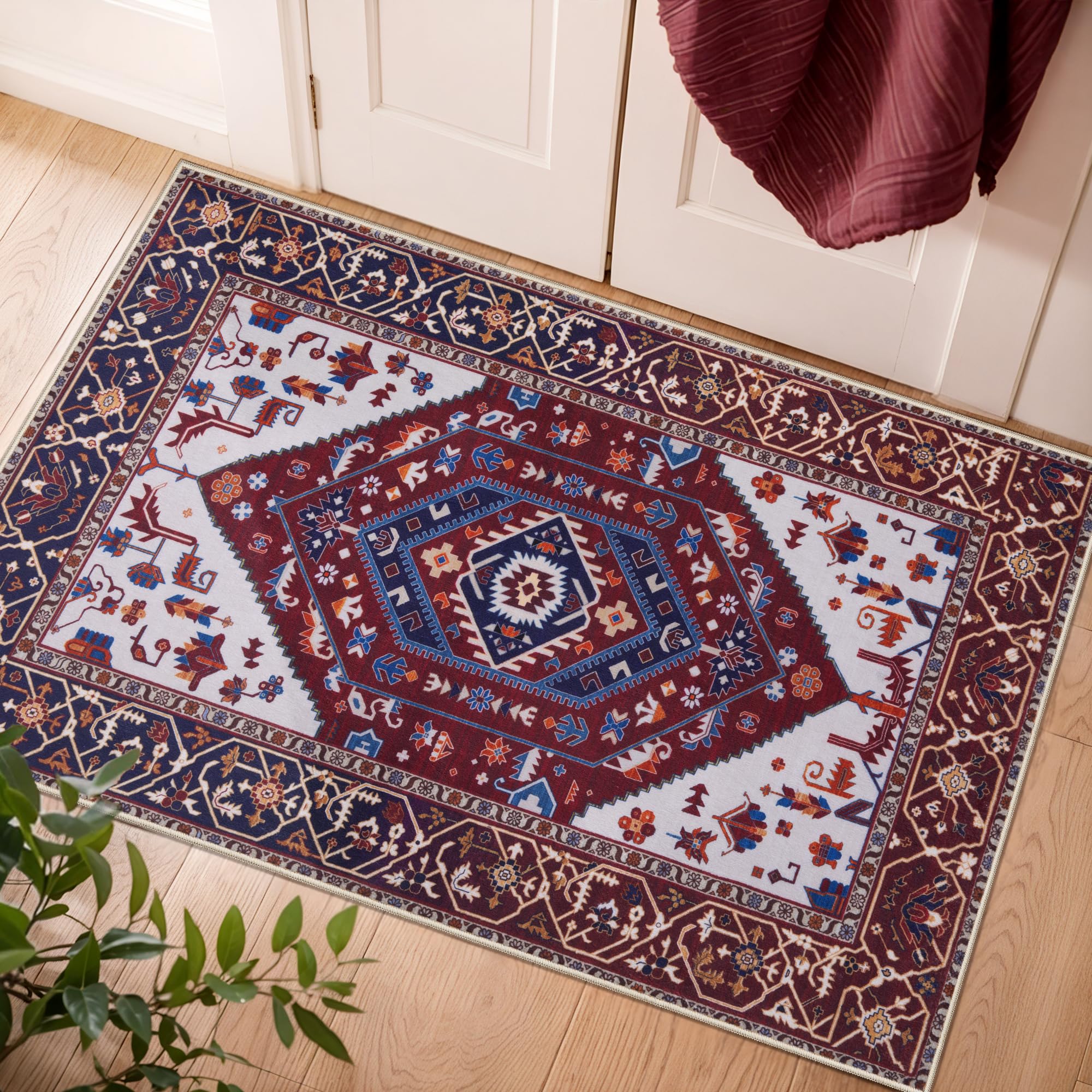 SERISSA Washable Rugs 8x10 Area Rugs, Large Non-Slip Boho Living Room Rust Rug, Ultra Soft Vintage Print Distressed Oriental Tribal Farmhouse Carpet for Dining Room Bedroom Dorm Office Home Decor