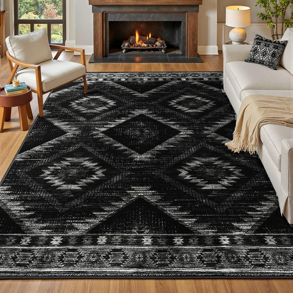 BESTSWEETIE Area Rug 5x7 Rug Machine Washable Non-Slip Low Pile Print Pattern Western Rug for Living Room Bedroom Entryway Tribal Series -Black