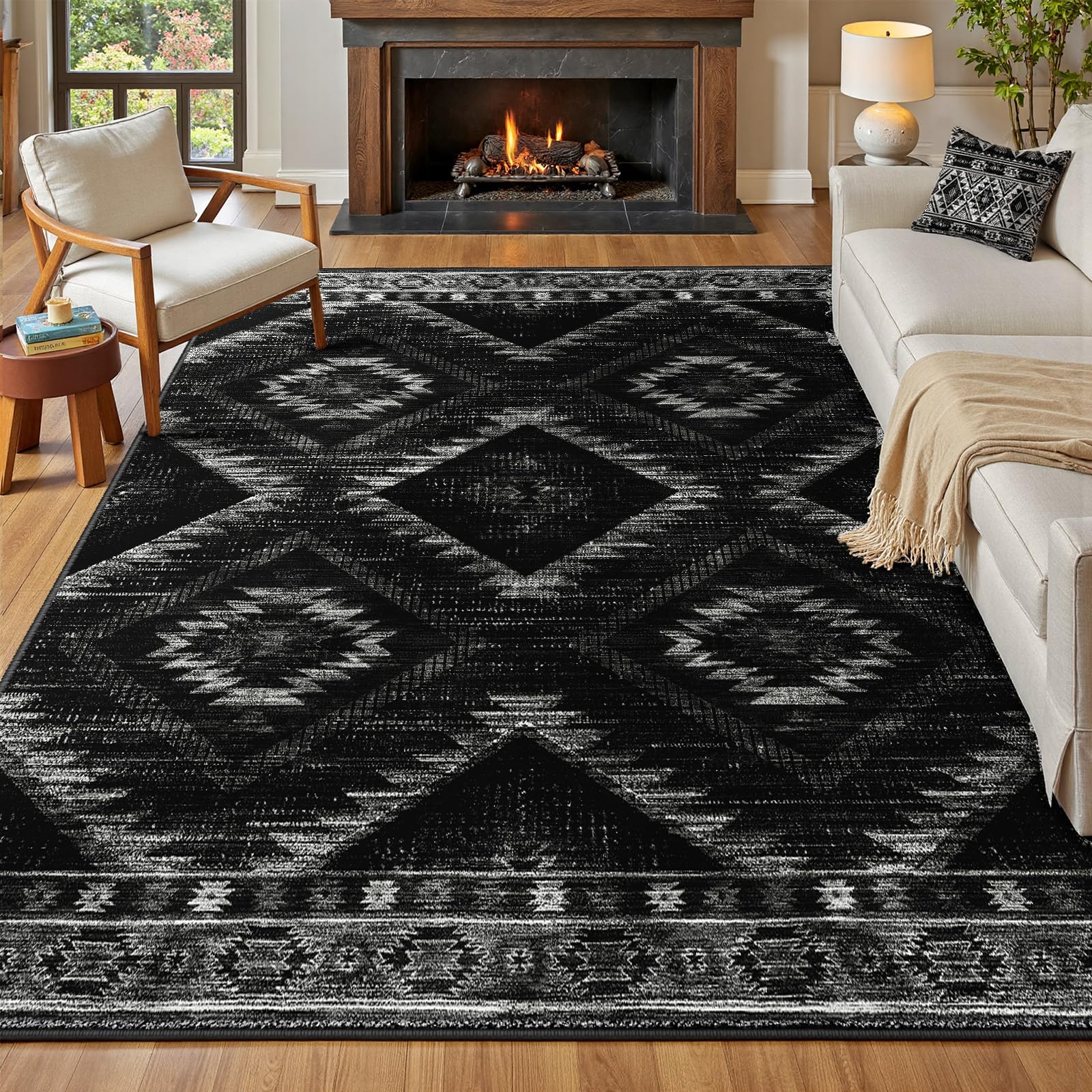 BESTSWEETIE Area Rug 5x7 Rug Machine Washable Non-Slip Low Pile Print Pattern Western Rug for Living Room Bedroom Entryway Tribal Series -Black