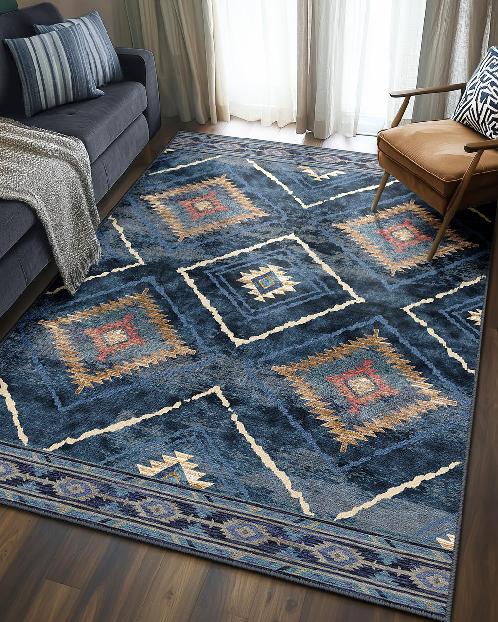 BESTSWEETIE Area Rug 5x7 Rug Machine Washable Non-Slip Low Pile Print Pattern Western Rug for Living Room Bedroom Entryway Tribal Series -Black