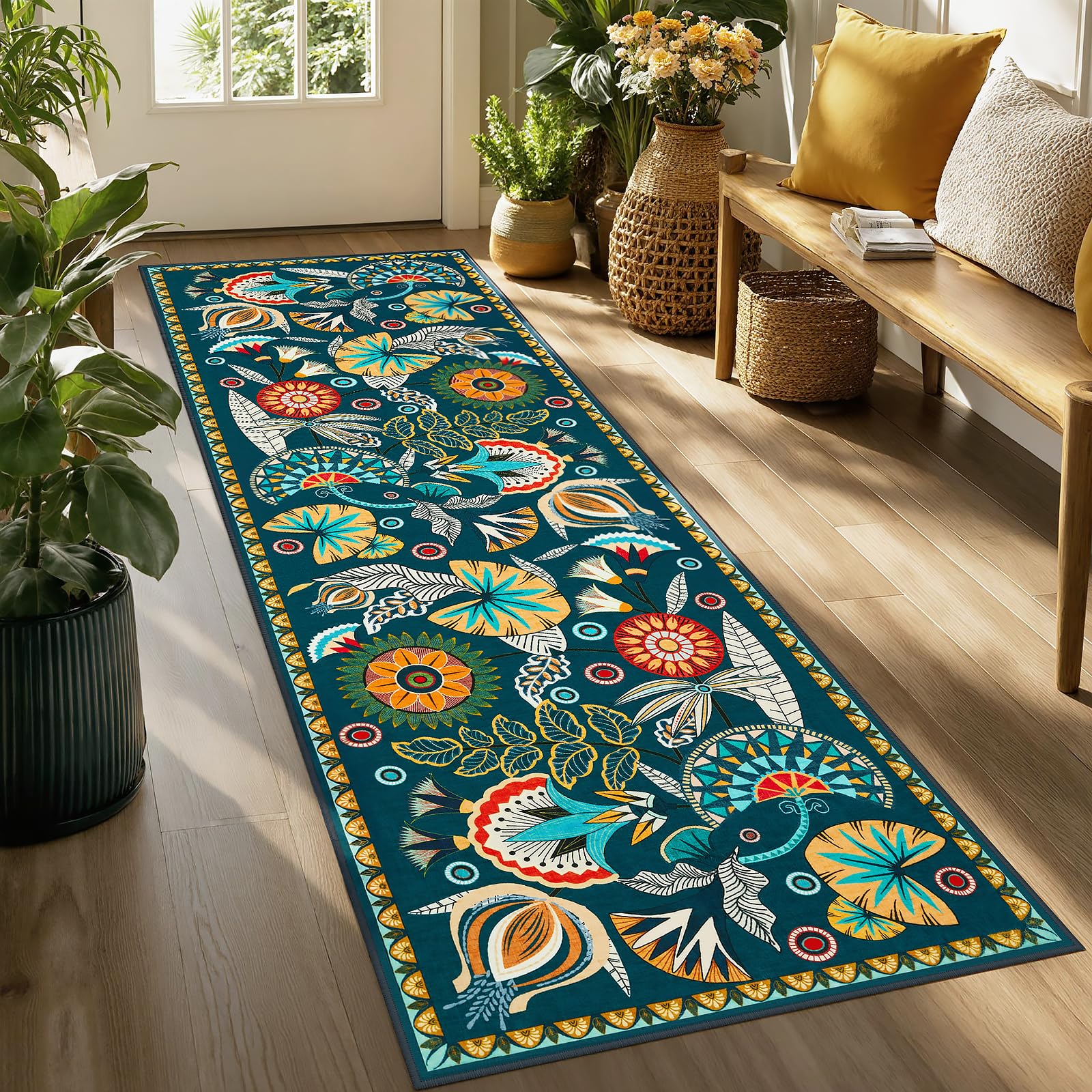 Joydeco Egypt Floral Boho 8x10 Area Rugs for Bedroom Aesthetic, Washable Vintage Living Dining Room Rug Non Slip, Beige Large Indoor Throw Carpet for Playroom Nursery Dorm Classroom