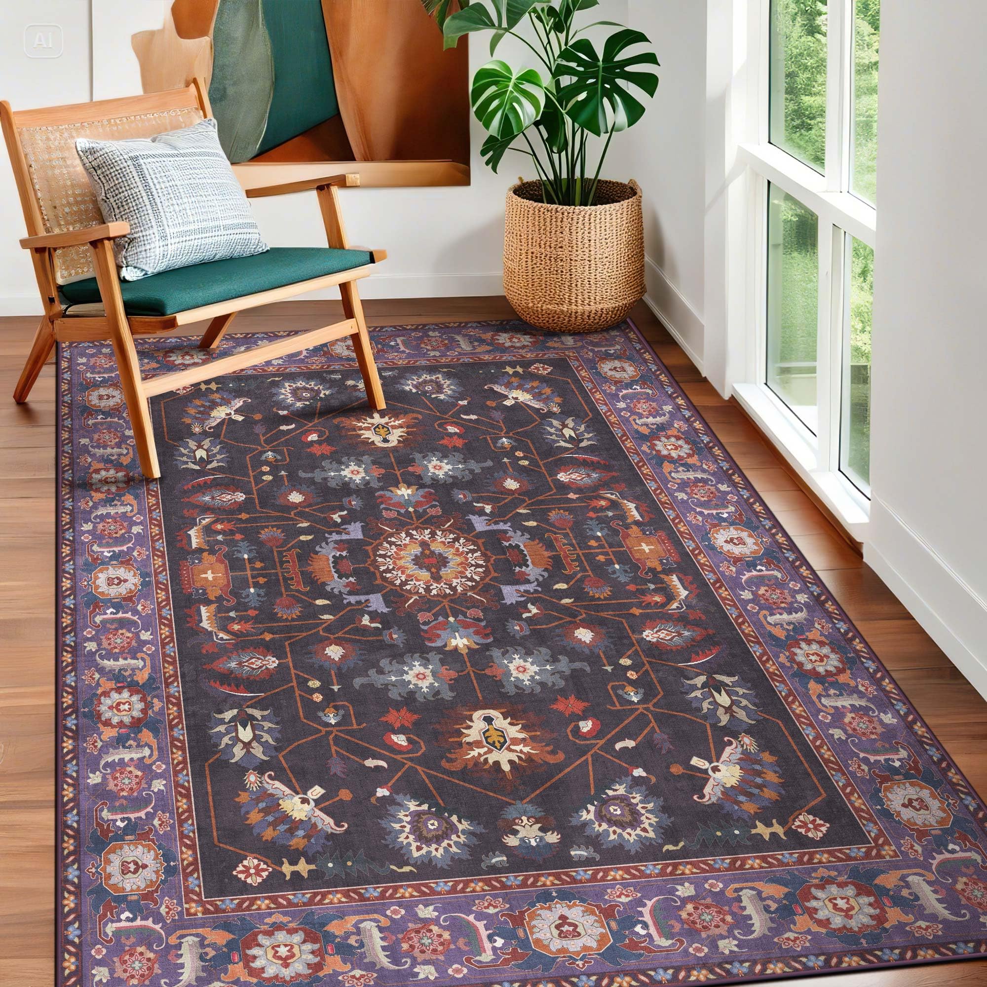 8x10 Area Rugs Living Room Washable Non Slip Low Pile Oushak Vintage Stain Resistant Soft Large Oriental Rugs for Bedroom, Dining Room, Kitchen, Indoor Leisure Rooms, Nova Burgundy Fuchsia Orange Soda