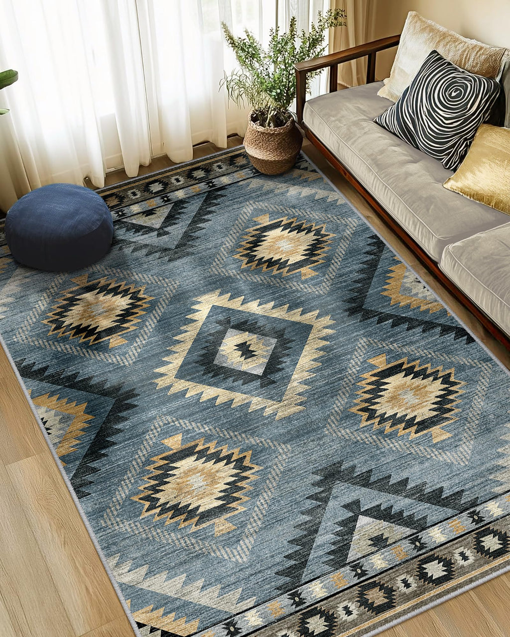 BESTSWEETIE Area Rug 5x7 Rug Machine Washable Non-Slip Low Pile Print Pattern Western Rug for Living Room Bedroom Entryway Tribal Series -Black