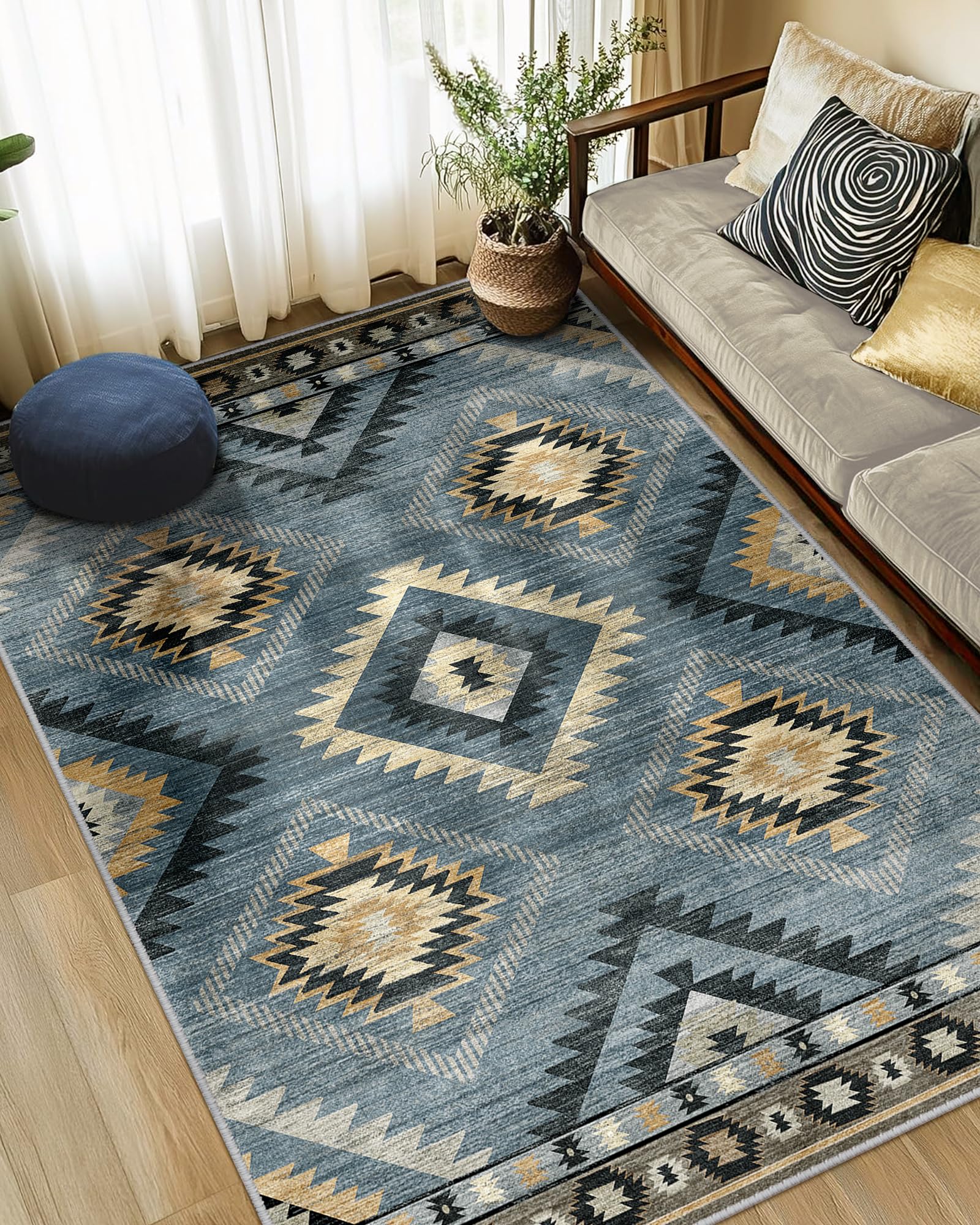 BESTSWEETIE Area Rug 5x7 Rug Machine Washable Non-Slip Low Pile Print Pattern Western Rug for Living Room Bedroom Entryway Tribal Series -Black