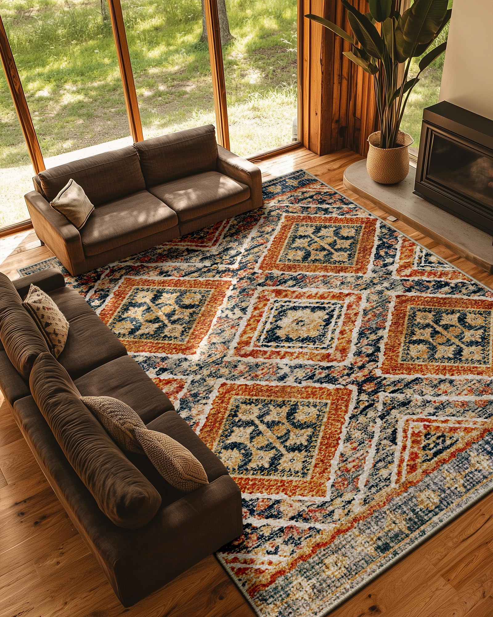 BESTSWEETIE Area Rug 5x7 Rug Machine Washable Non-Slip Low Pile Print Pattern Western Rug for Living Room Bedroom Entryway Tribal Series -Black