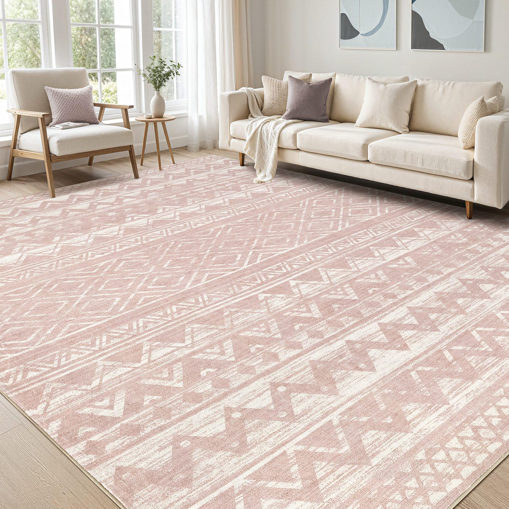 cotiled 5x7 Area Rug Living Room: Washable Boho Rugs with Non Slip Backing Large Soft Indoor Stain Resistant Carpet for Bedroom Farmhouse Dining Room Lightweight Home Decor L Brown/Cream