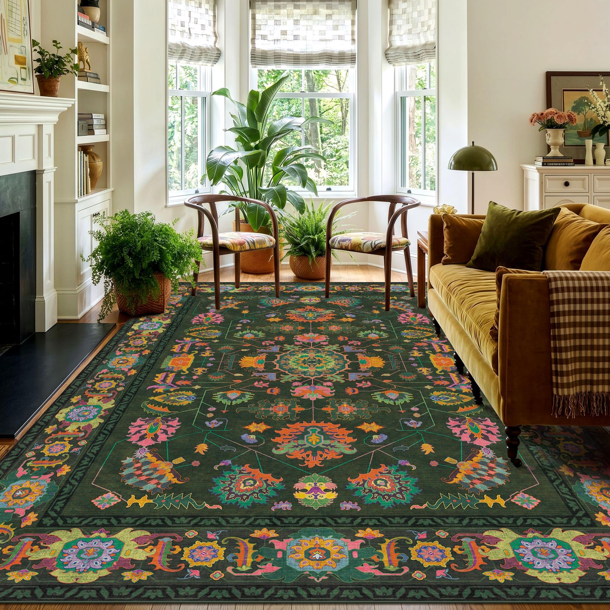 8x10 Area Rugs Living Room Washable Non Slip Low Pile Oushak Vintage Stain Resistant Soft Large Oriental Rugs for Bedroom, Dining Room, Kitchen, Indoor Leisure Rooms, Nova Burgundy Fuchsia Orange Soda