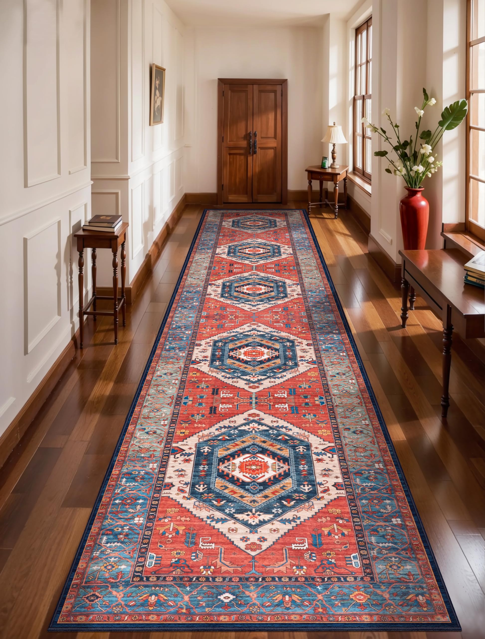 SERISSA Washable Rugs 8x10 Area Rugs, Large Non-Slip Boho Living Room Rust Rug, Ultra Soft Vintage Print Distressed Oriental Tribal Farmhouse Carpet for Dining Room Bedroom Dorm Office Home Decor