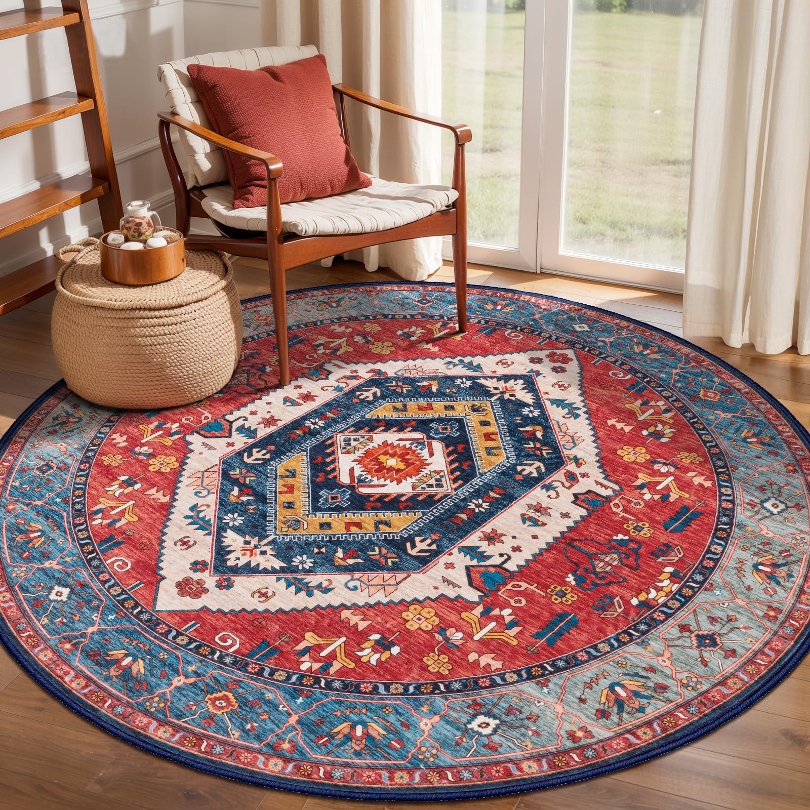 SERISSA Washable Rugs 8x10 Area Rugs, Large Non-Slip Boho Living Room Rust Rug, Ultra Soft Vintage Print Distressed Oriental Tribal Farmhouse Carpet for Dining Room Bedroom Dorm Office Home Decor