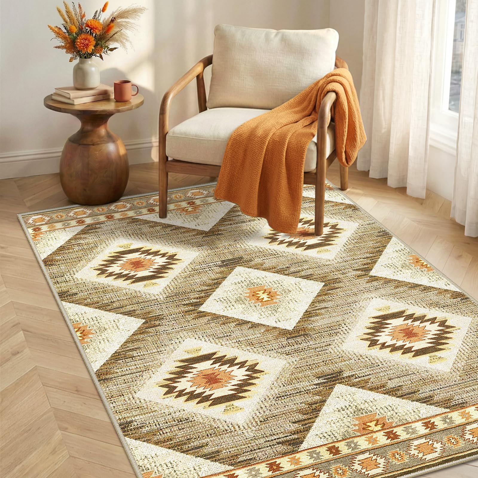 BESTSWEETIE Area Rug 5x7 Rug Machine Washable Non-Slip Low Pile Print Pattern Western Rug for Living Room Bedroom Entryway Tribal Series -Black