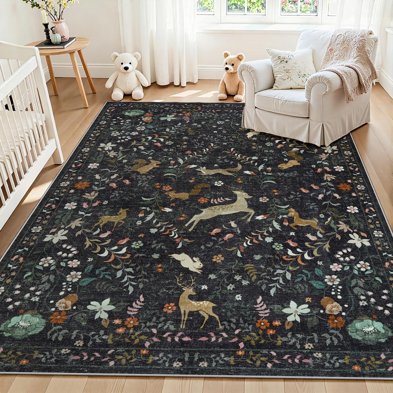 8x10 Beige Boho Floral Washable Non-Slip Thin Area Rug for Indoor Spaces