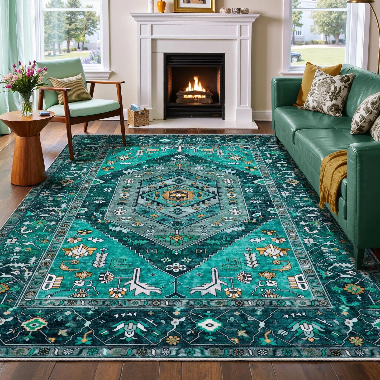 SERISSA Washable Rugs 8x10 Area Rugs, Large Non-Slip Boho Living Room Rust Rug, Ultra Soft Vintage Print Distressed Oriental Tribal Farmhouse Carpet for Dining Room Bedroom Dorm Office Home Decor