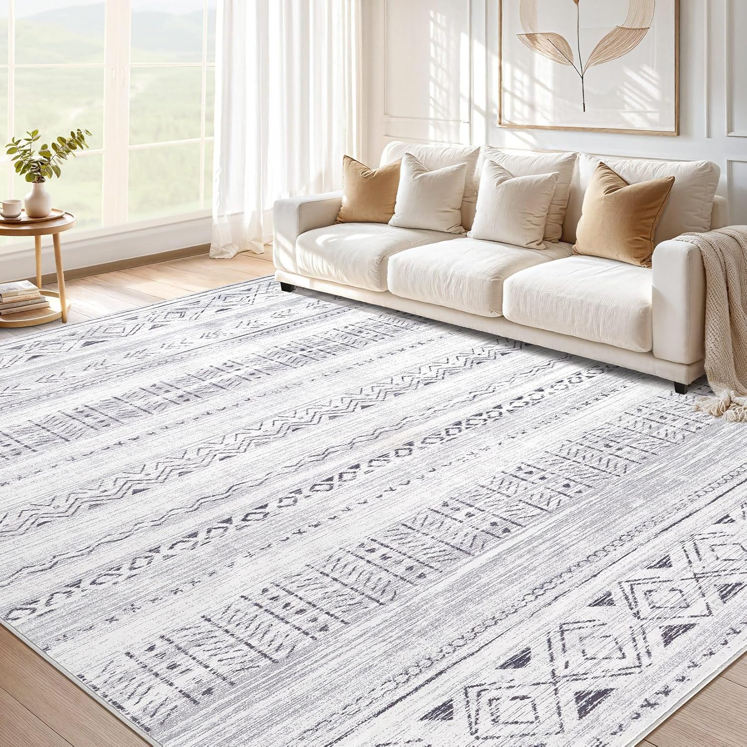 cotiled 5x7 Area Rug Living Room: Washable Boho Rugs with Non Slip Backing Large Soft Indoor Stain Resistant Carpet for Bedroom Farmhouse Dining Room Lightweight Home Decor L Brown/Cream