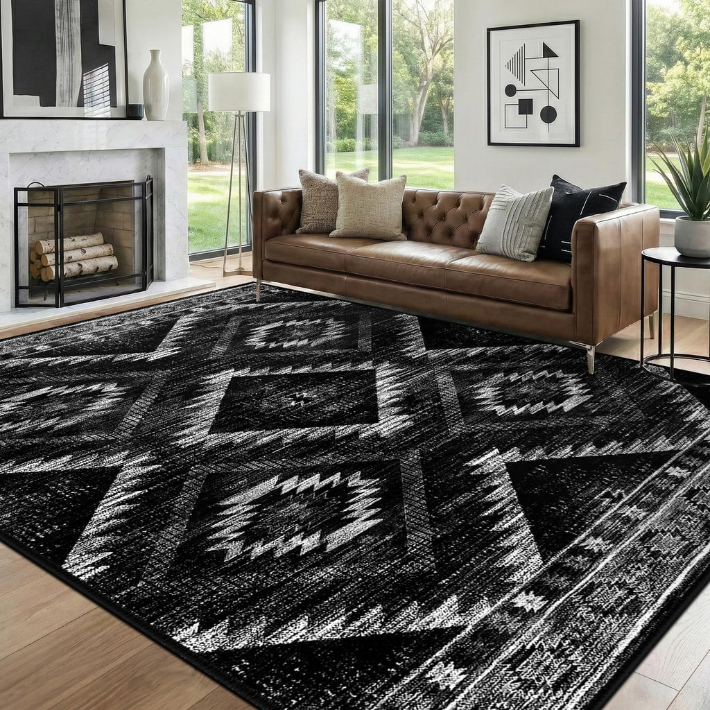 BESTSWEETIE Area Rug 5x7 Rug Machine Washable Non-Slip Low Pile Print Pattern Western Rug for Living Room Bedroom Entryway Tribal Series -Black