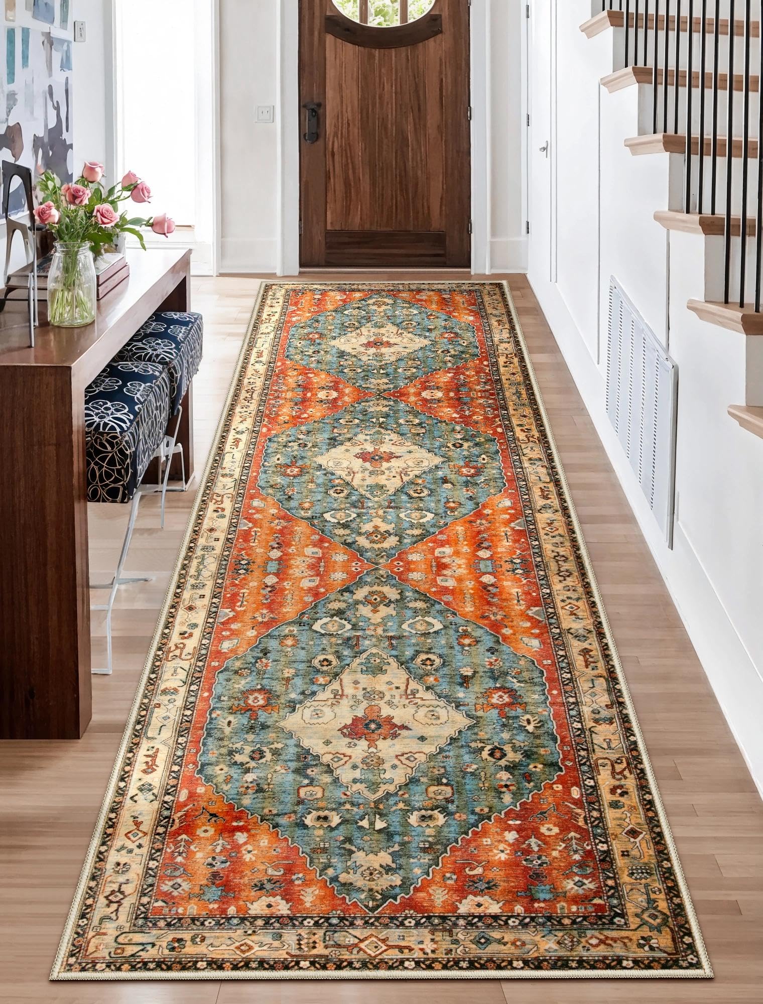 SERISSA Washable Rugs 8x10 Area Rugs, Large Non-Slip Boho Living Room Rust Rug, Ultra Soft Vintage Print Distressed Oriental Tribal Farmhouse Carpet for Dining Room Bedroom Dorm Office Home Decor