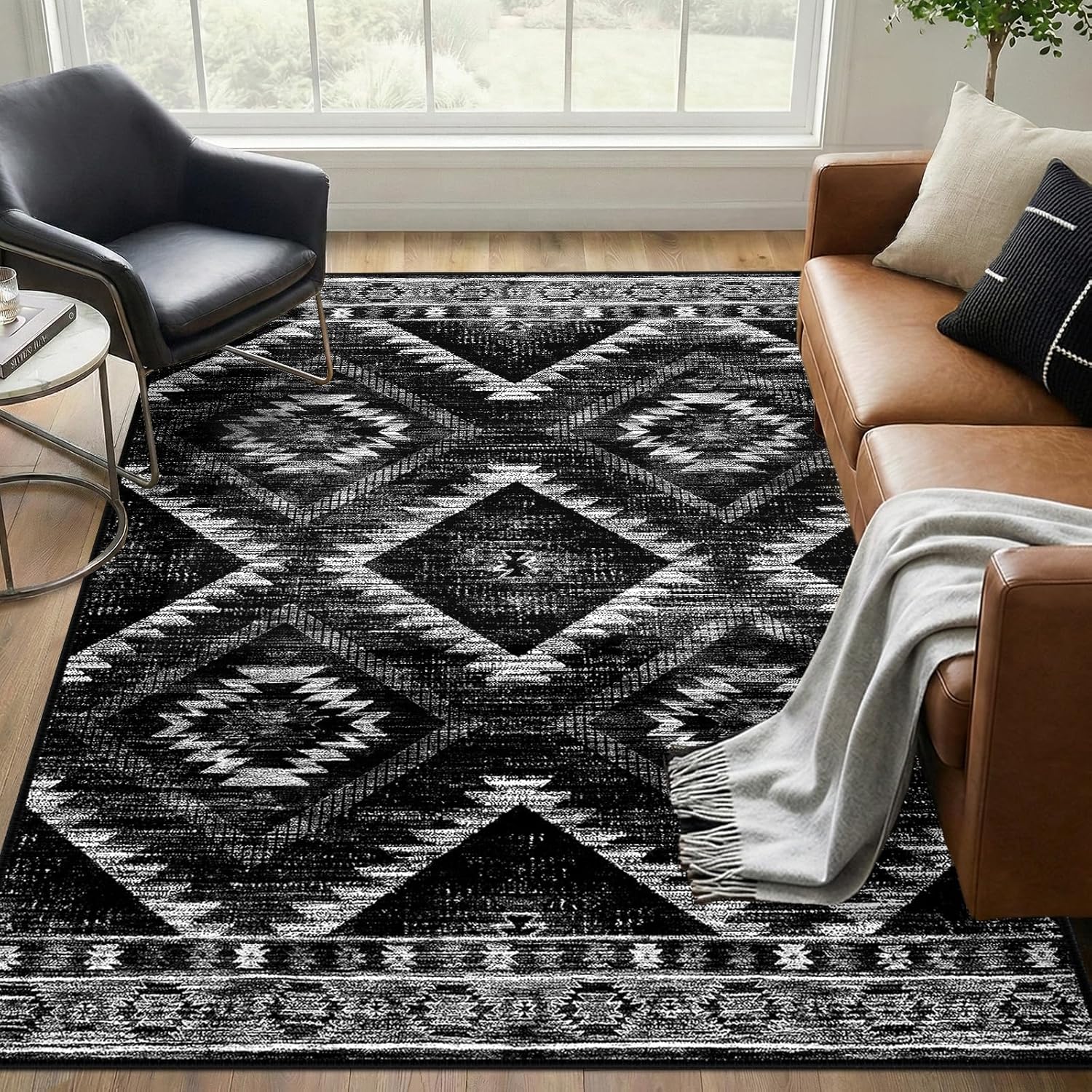 BESTSWEETIE Area Rug 5x7 Rug Machine Washable Non-Slip Low Pile Print Pattern Western Rug for Living Room Bedroom Entryway Tribal Series -Black
