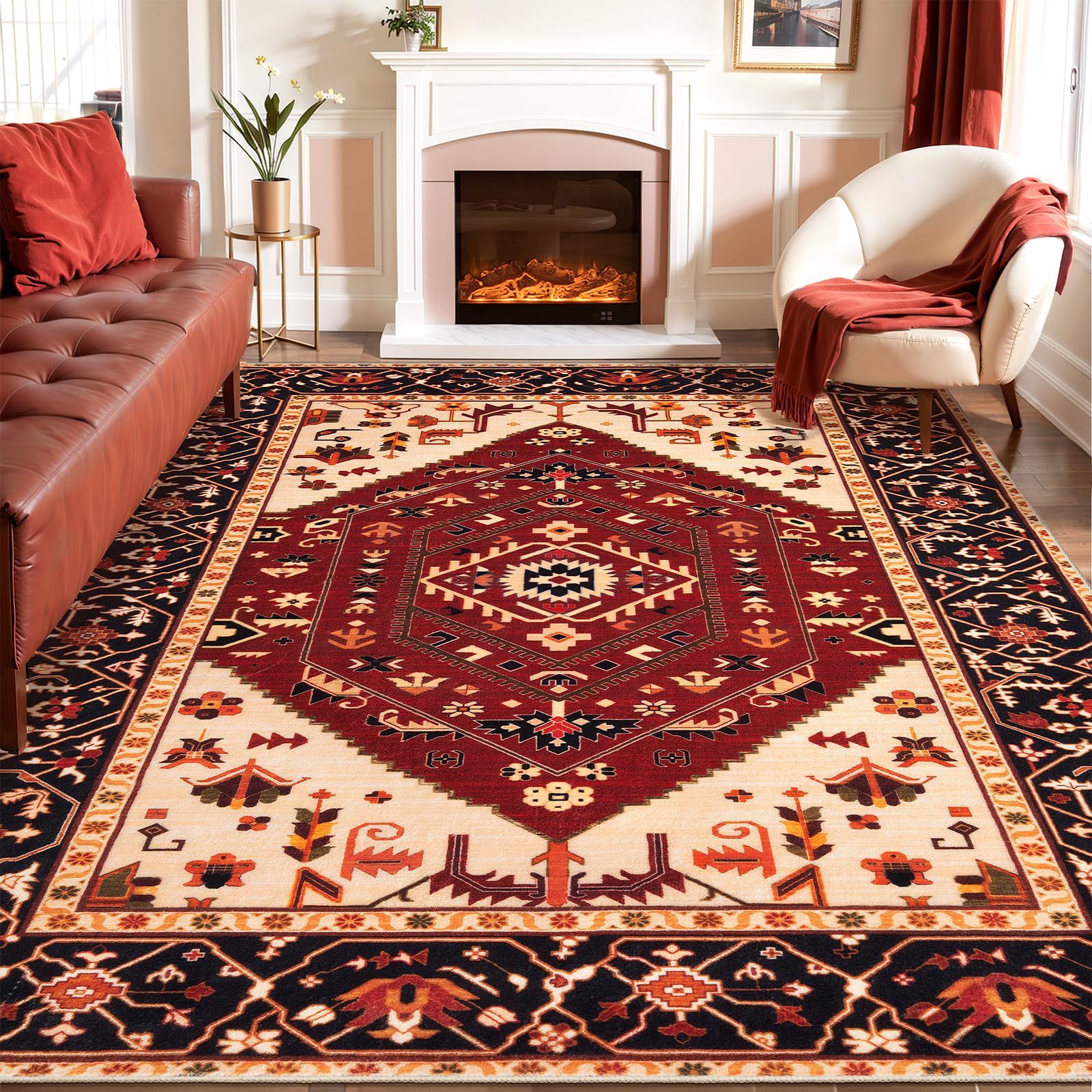 SERISSA Washable Rugs 8x10 Area Rugs, Large Non-Slip Boho Living Room Rust Rug, Ultra Soft Vintage Print Distressed Oriental Tribal Farmhouse Carpet for Dining Room Bedroom Dorm Office Home Decor