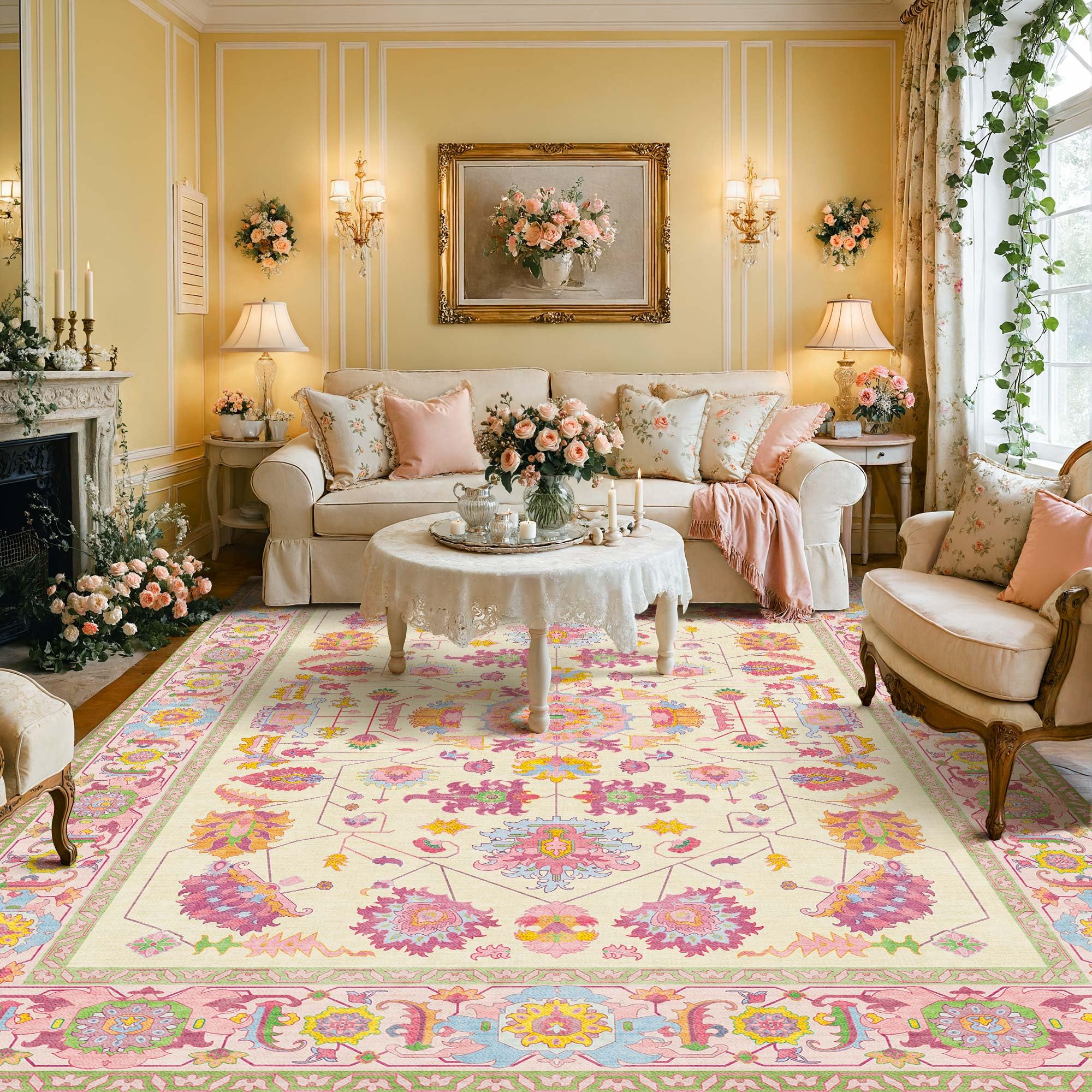 8x10 Area Rugs Living Room Washable Non Slip Low Pile Oushak Vintage Stain Resistant Soft Large Oriental Rugs for Bedroom, Dining Room, Kitchen, Indoor Leisure Rooms, Nova Burgundy Fuchsia Orange Soda