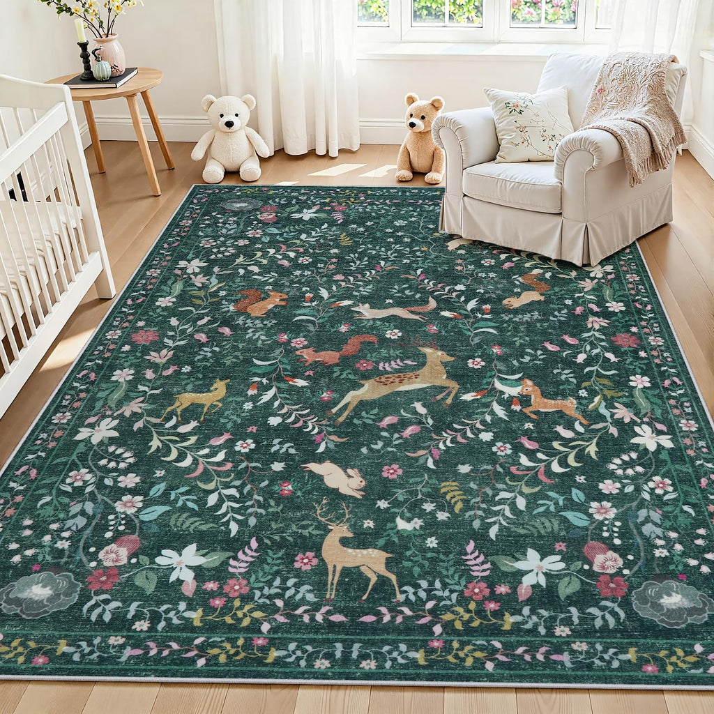 8x10 Beige Boho Floral Washable Non-Slip Thin Area Rug for Indoor Spaces