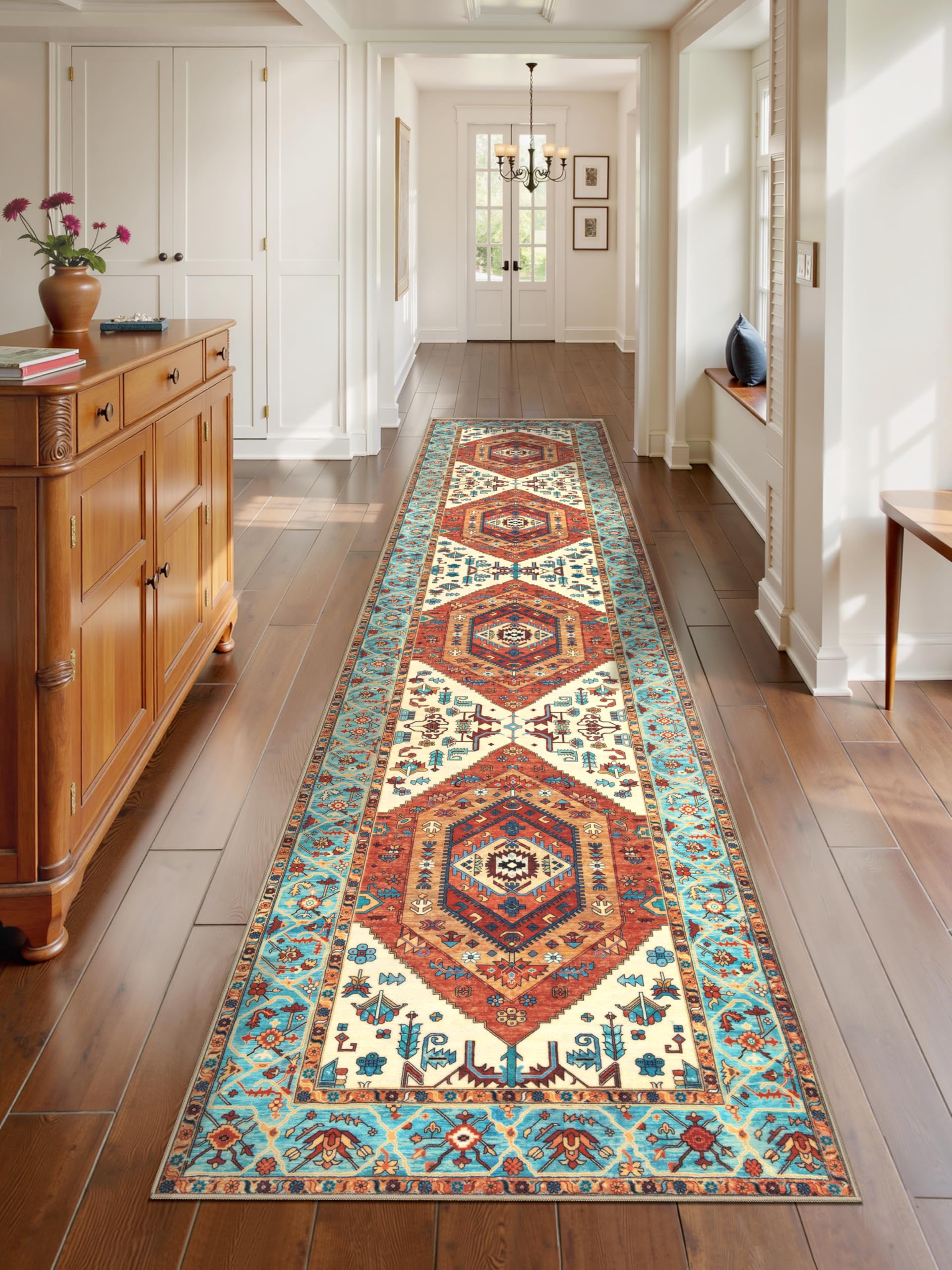 SERISSA Washable Rugs 8x10 Area Rugs, Large Non-Slip Boho Living Room Rust Rug, Ultra Soft Vintage Print Distressed Oriental Tribal Farmhouse Carpet for Dining Room Bedroom Dorm Office Home Decor