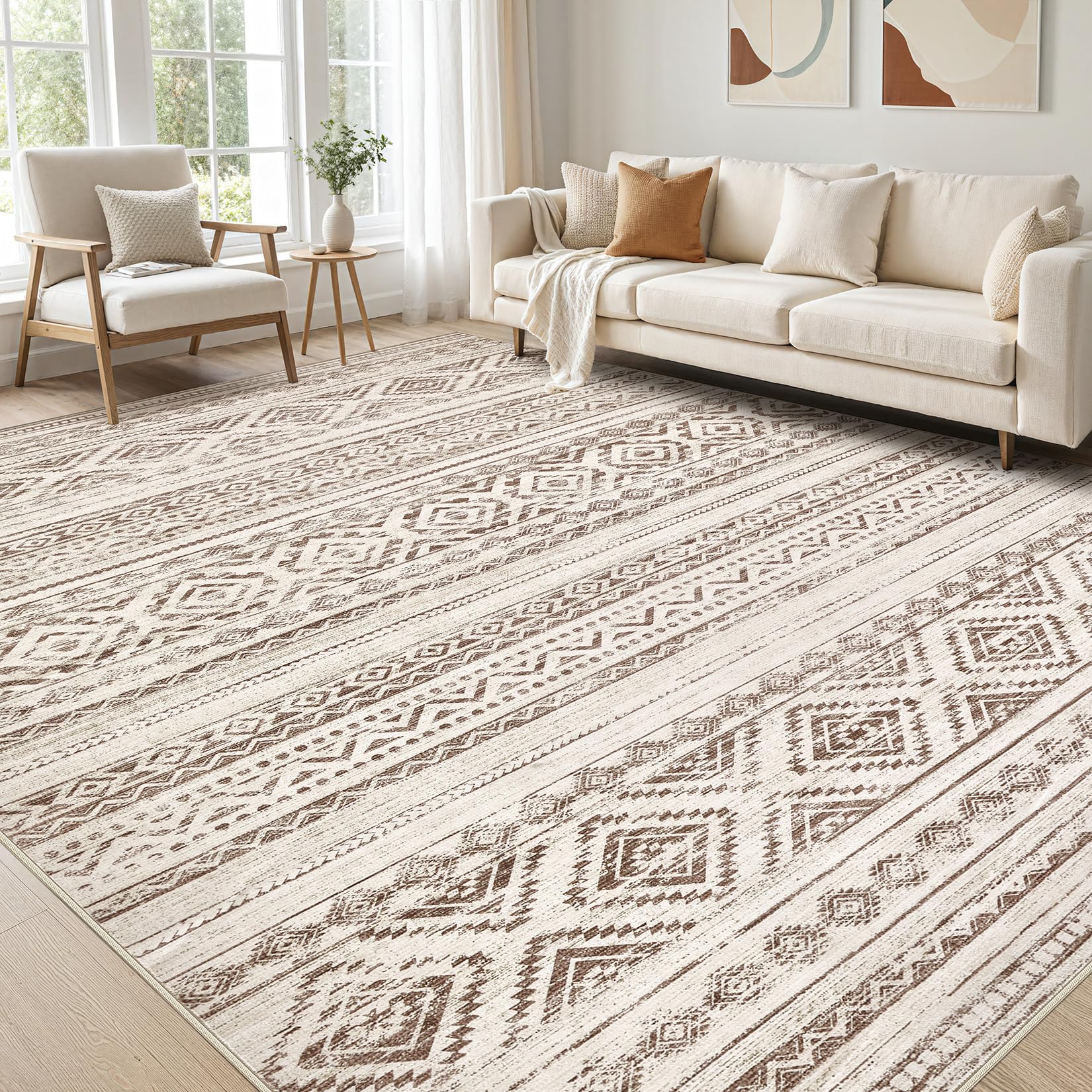 cotiled 5x7 Area Rug Living Room: Washable Boho Rugs with Non Slip Backing Large Soft Indoor Stain Resistant Carpet for Bedroom Farmhouse Dining Room Lightweight Home Decor L Brown/Cream