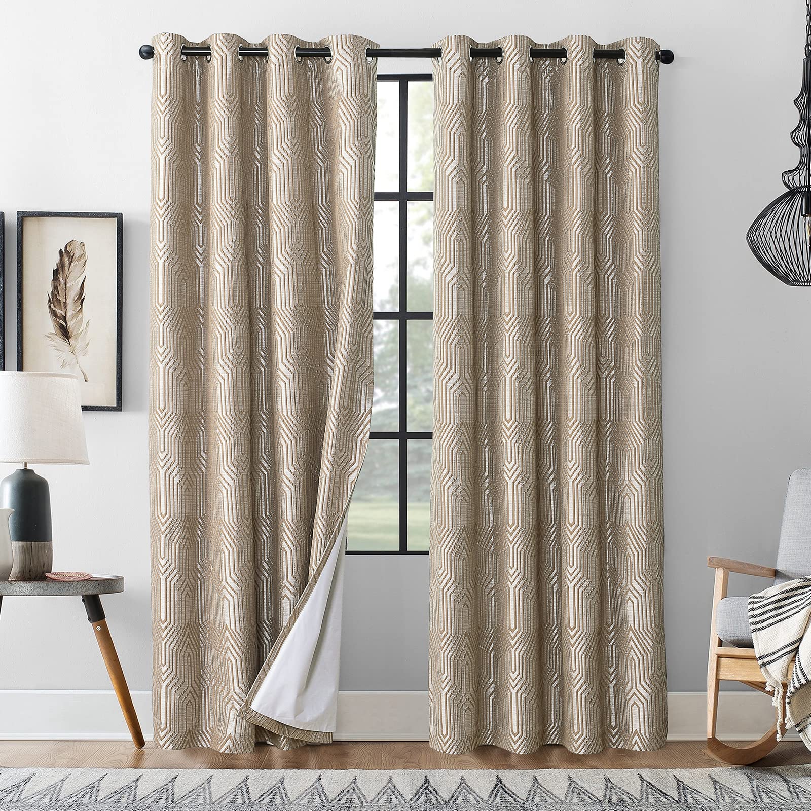 Beige and Silvery 100% Blackout Jacquard Geometric Pattern Curtains,52 Inch Wide 84 Inches Long 2 Panels, Thermal Insulated Noise Reducing Anti-Rust Grommet Drapes for Bedroom Living Room, Cream
