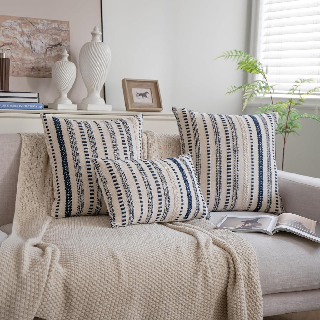Cethom Navy Blue Boho Throw Pillow Covers 20x20 Inch Set of 2, Stripe Textured Decorative Couch Pillow Cases for Bed, Sofa, Living Room, Bedroom, Farmhouse Home Accent Cushion Covers